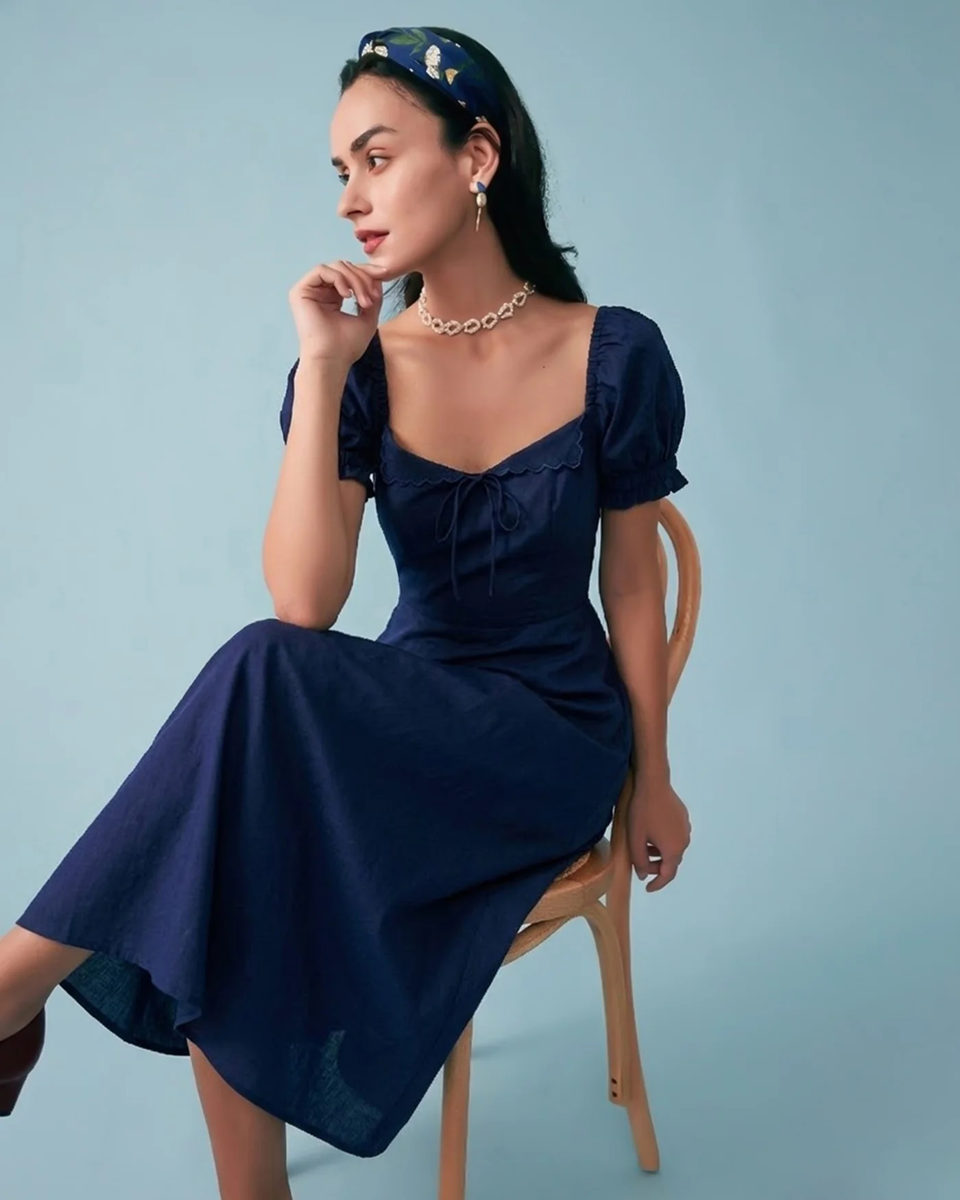 Navy V Neck Puffed Sleeve Midi Dress - Image 3