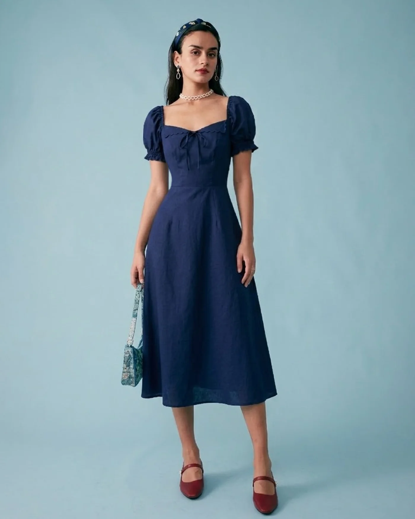 Navy V Neck Puffed Sleeve Midi Dress - Image 4