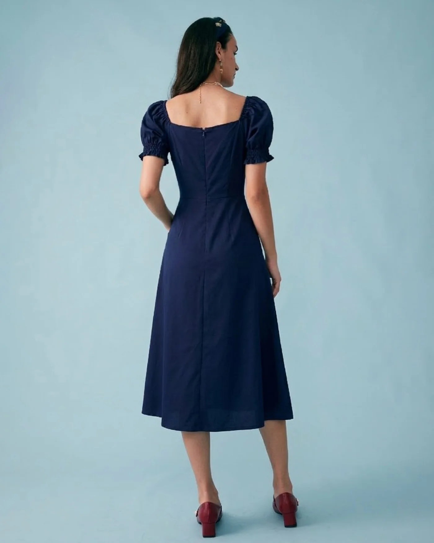 Navy V Neck Puffed Sleeve Midi Dress - Image 5
