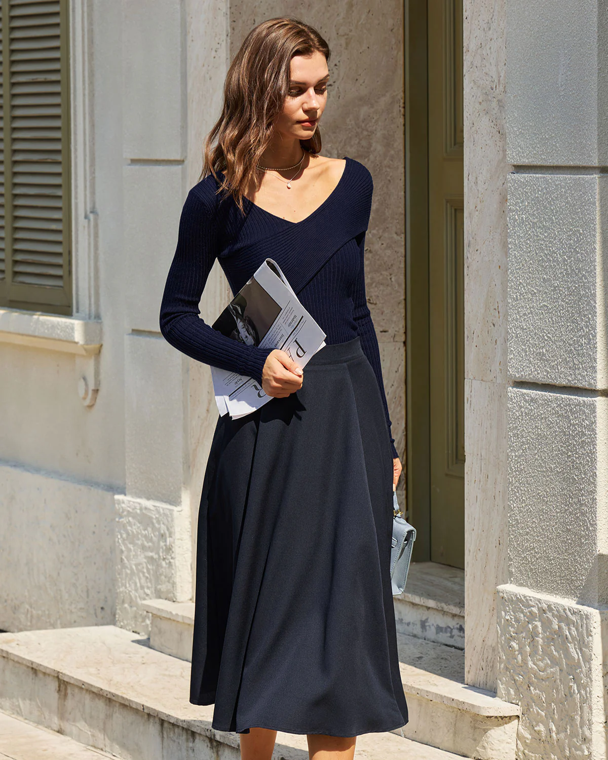 Navy V Neck Ribbed Knit Tee - Image 5