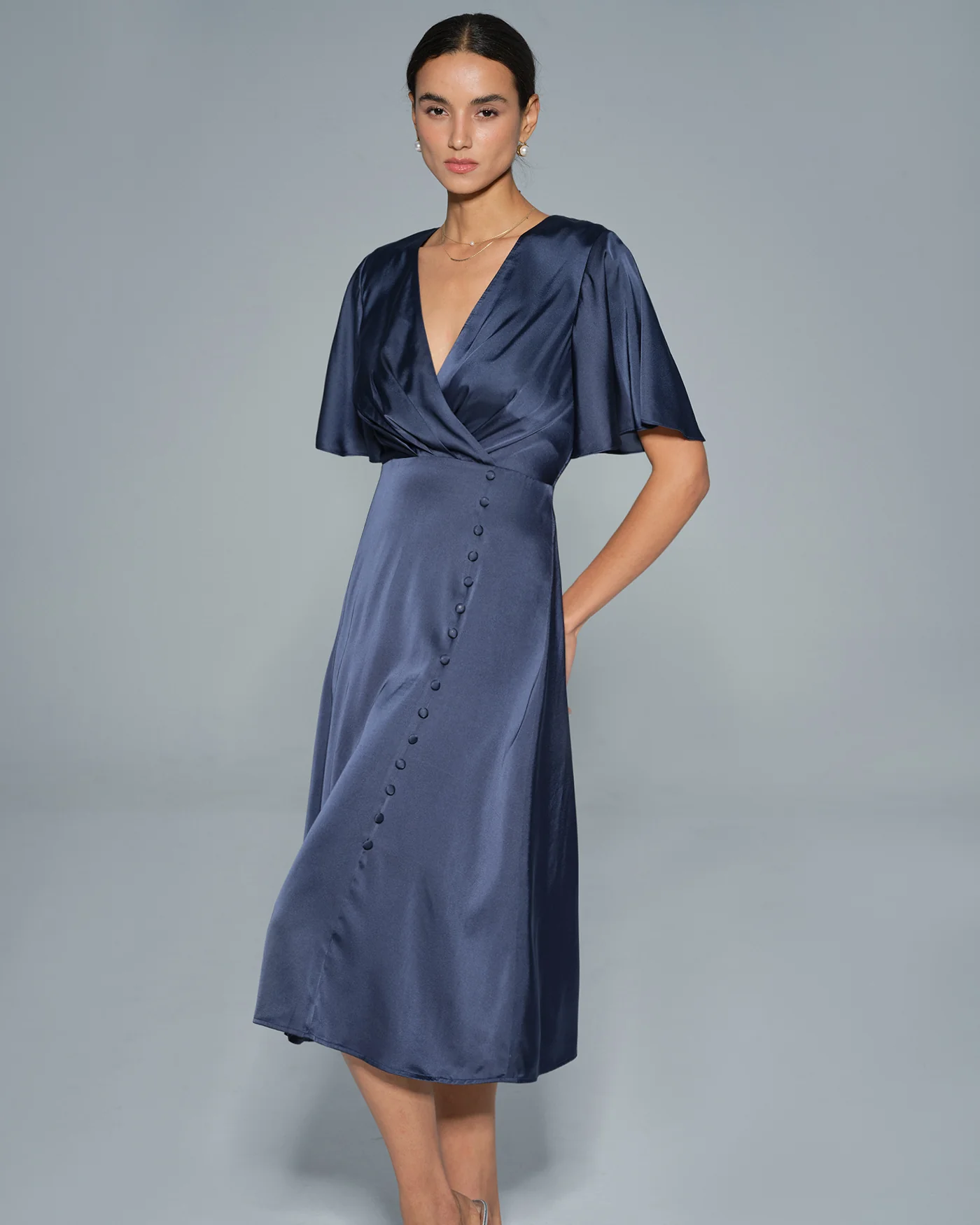 Navy V Neck Satin Midi Dress - Image 2