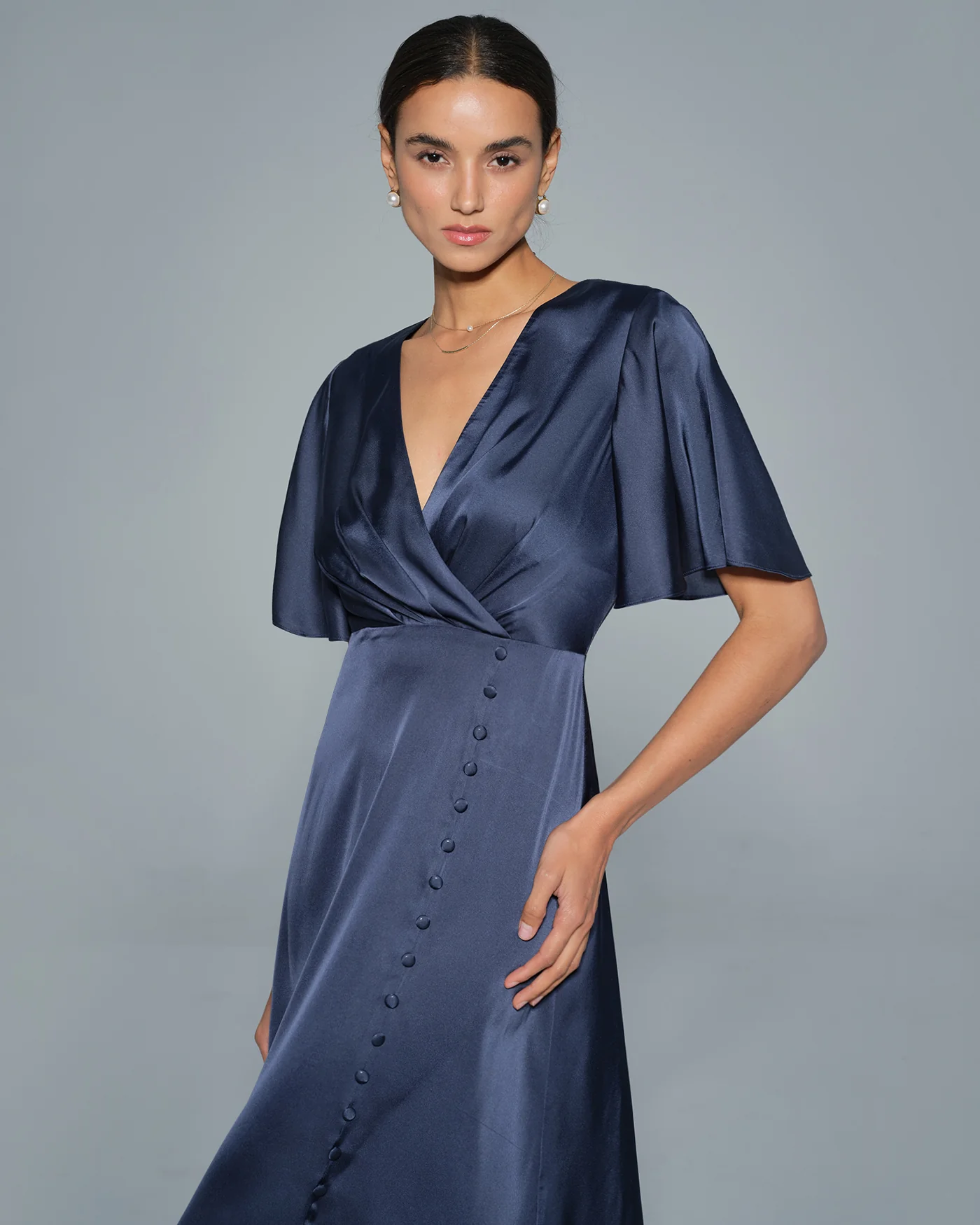 Navy V Neck Satin Midi Dress - Image 3