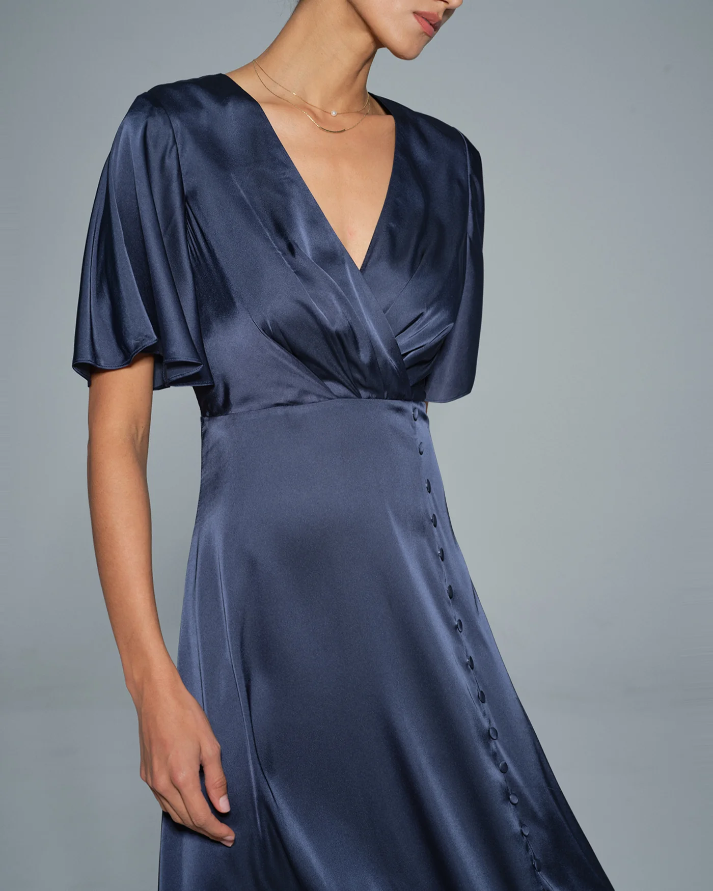 Navy V Neck Satin Midi Dress - Image 4