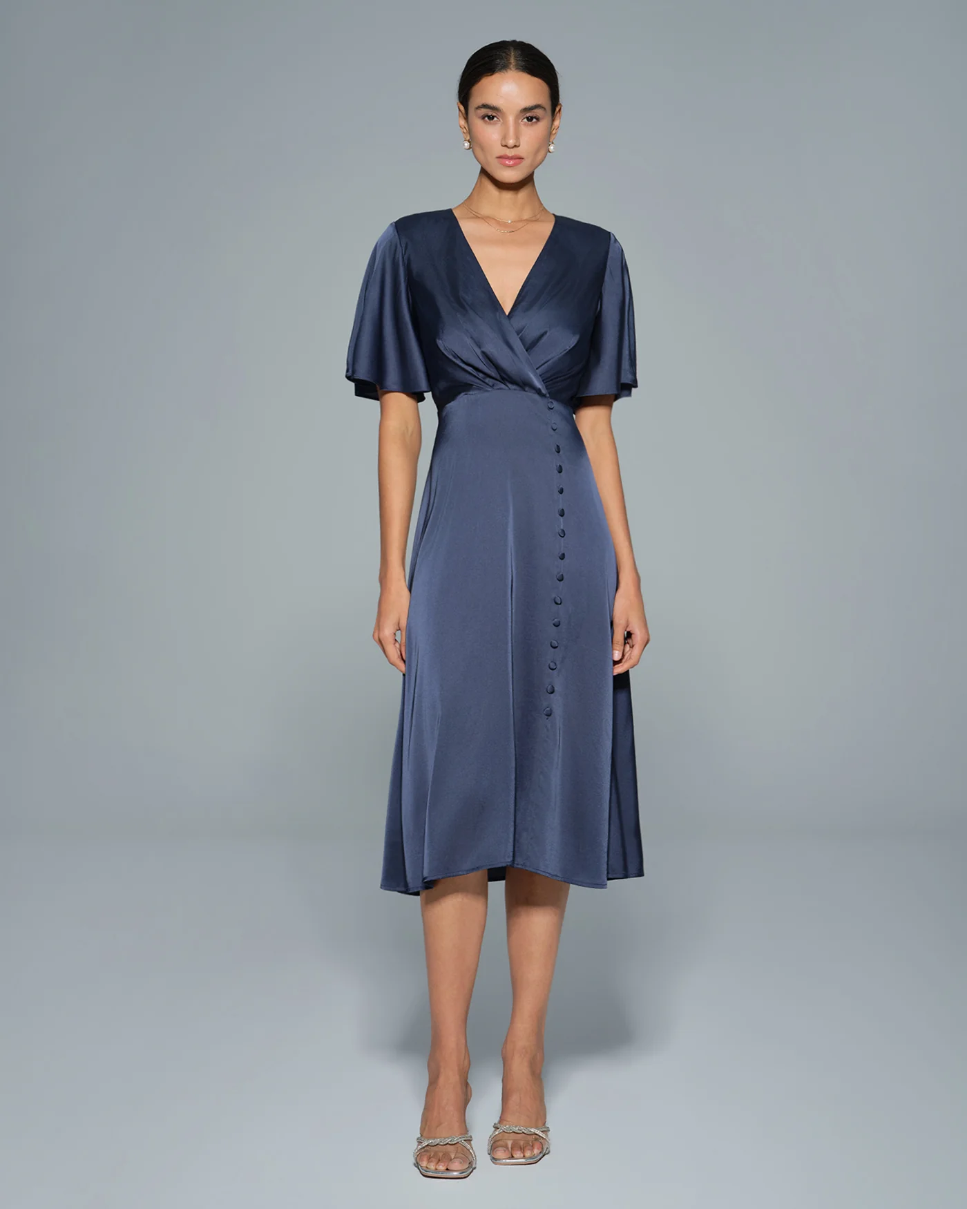 Navy V Neck Satin Midi Dress - Image 5