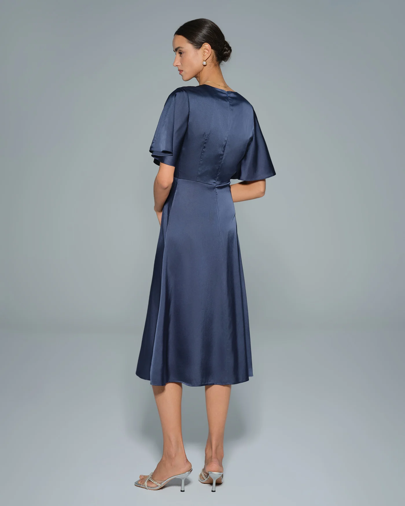 Navy V Neck Satin Midi Dress - Image 6
