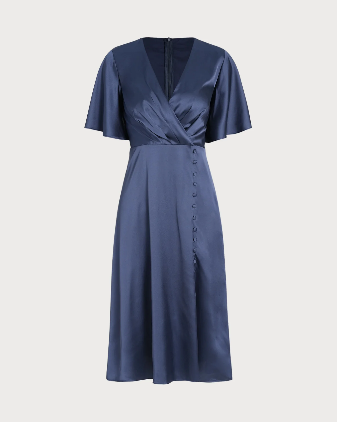 Navy V Neck Satin Midi Dress - Image 7