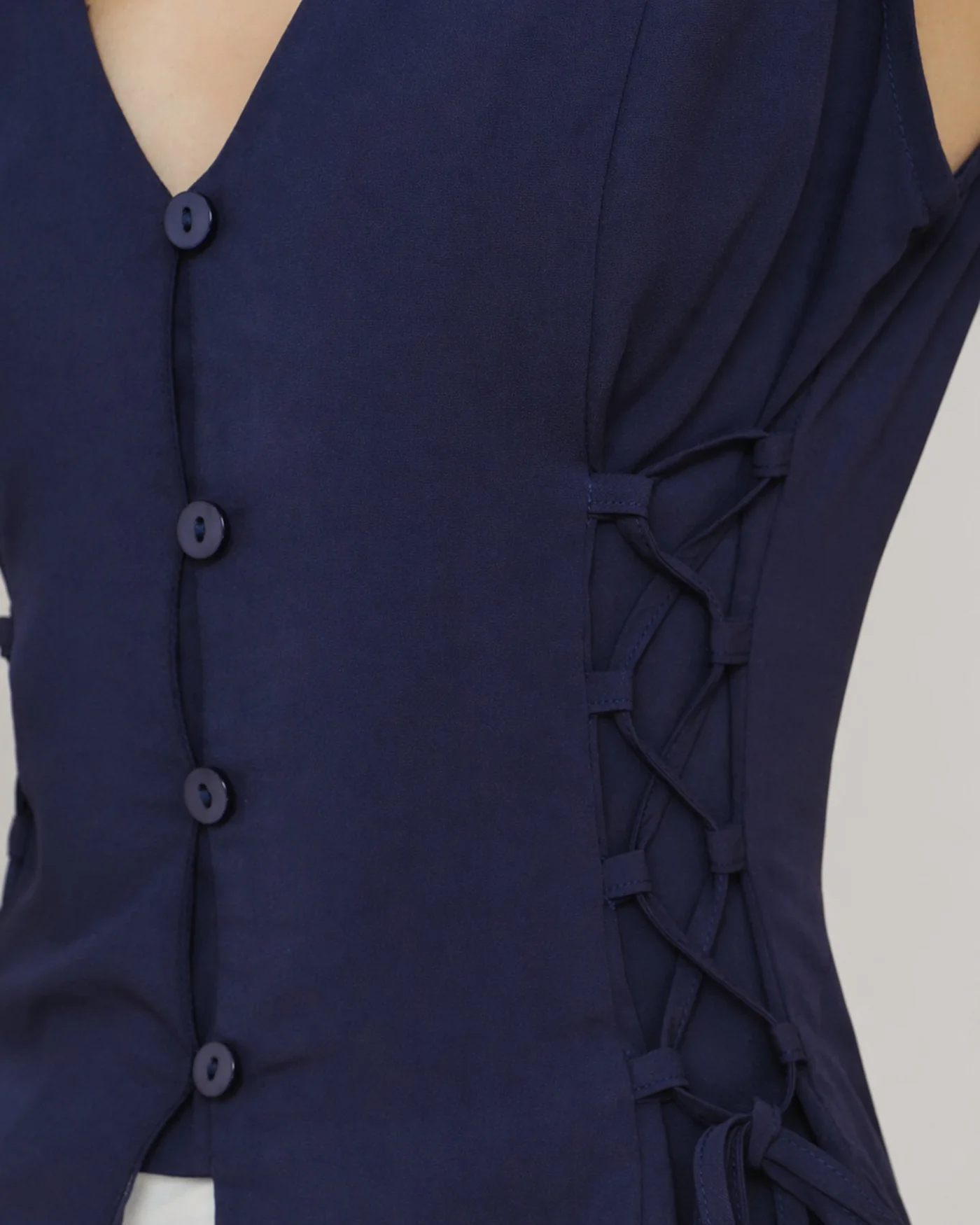 Navy V Neck Single Breasted Tie Vest - Image 2