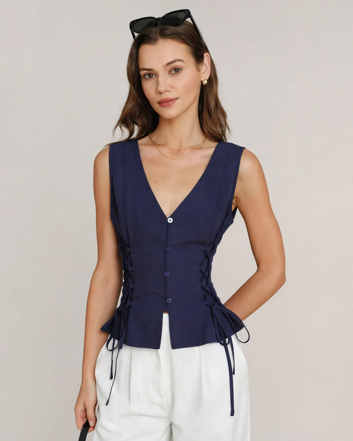 Navy V Neck Single Breasted Tie Vest - Image 3