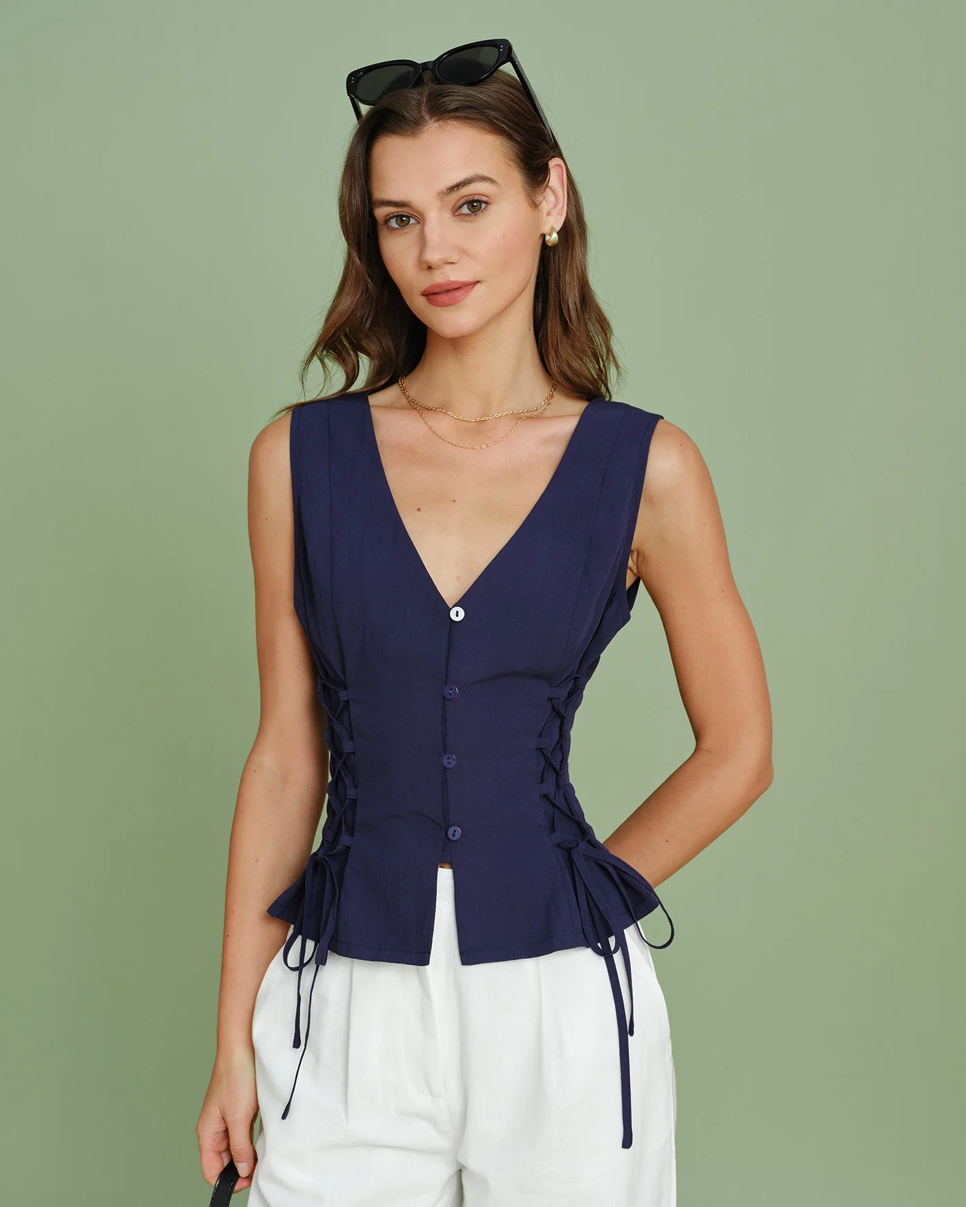 Navy V Neck Single Breasted Tie Vest - Image 5
