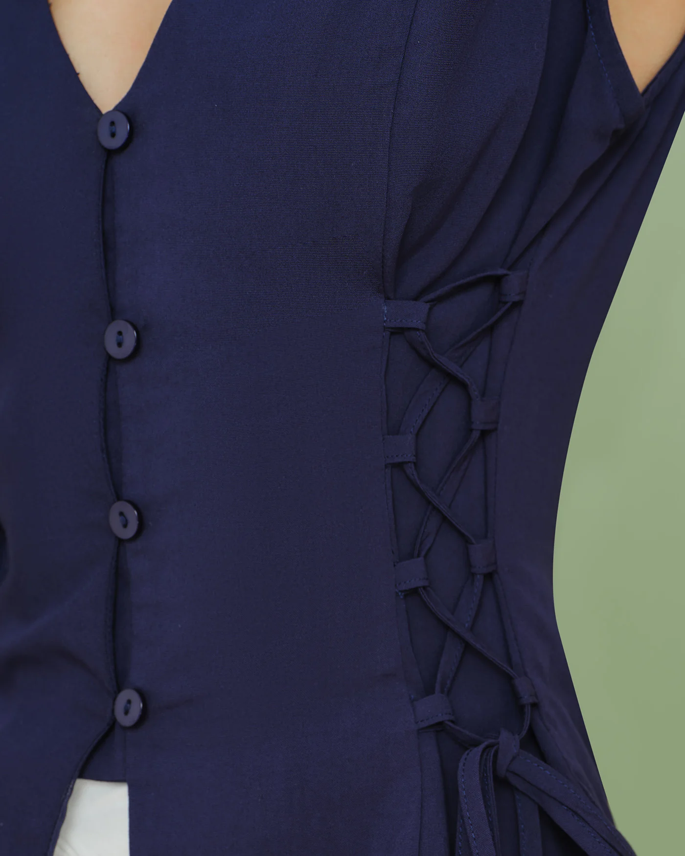 Navy V Neck Single Breasted Tie Vest - Image 6