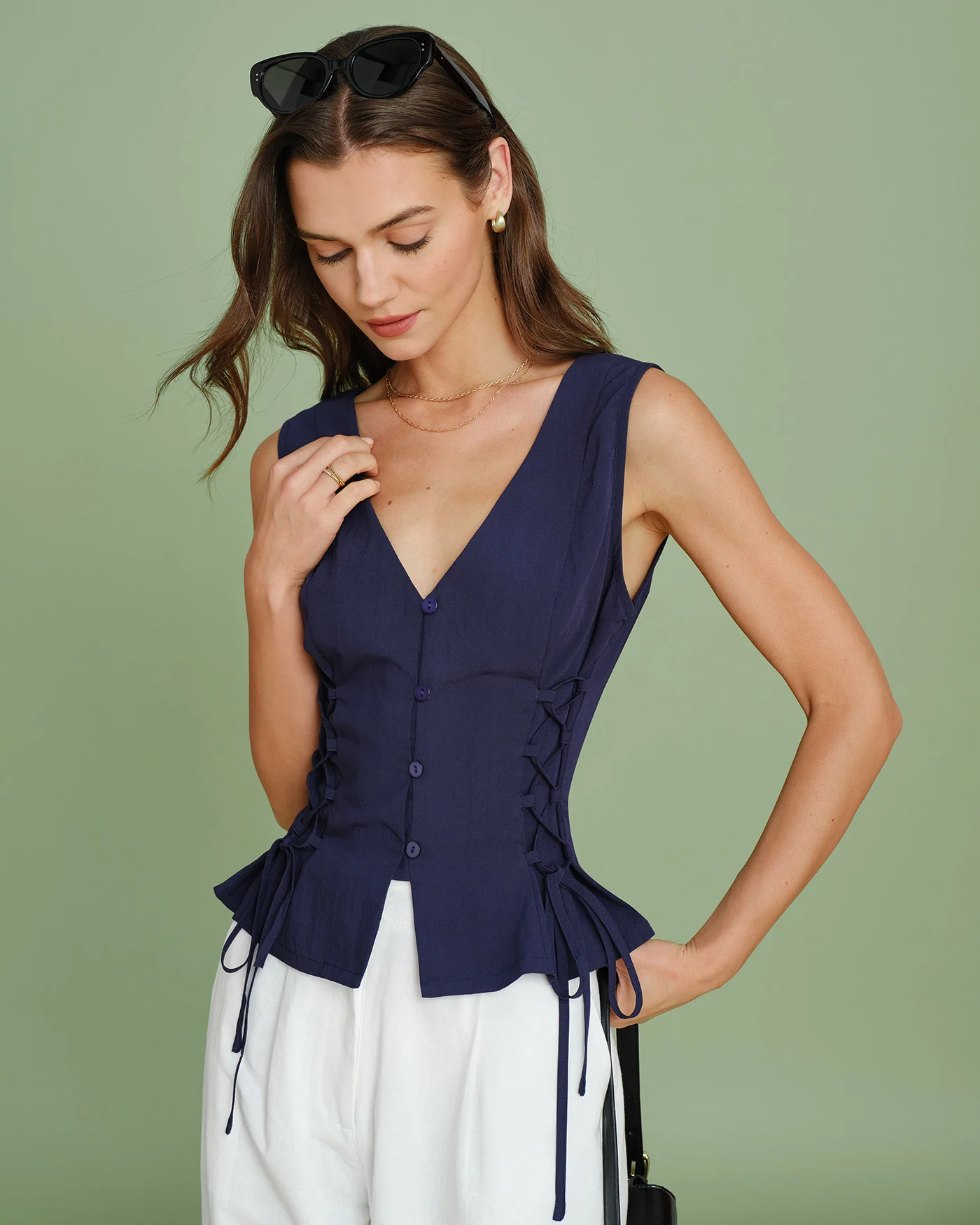 Navy V Neck Single Breasted Tie Vest - Image 7