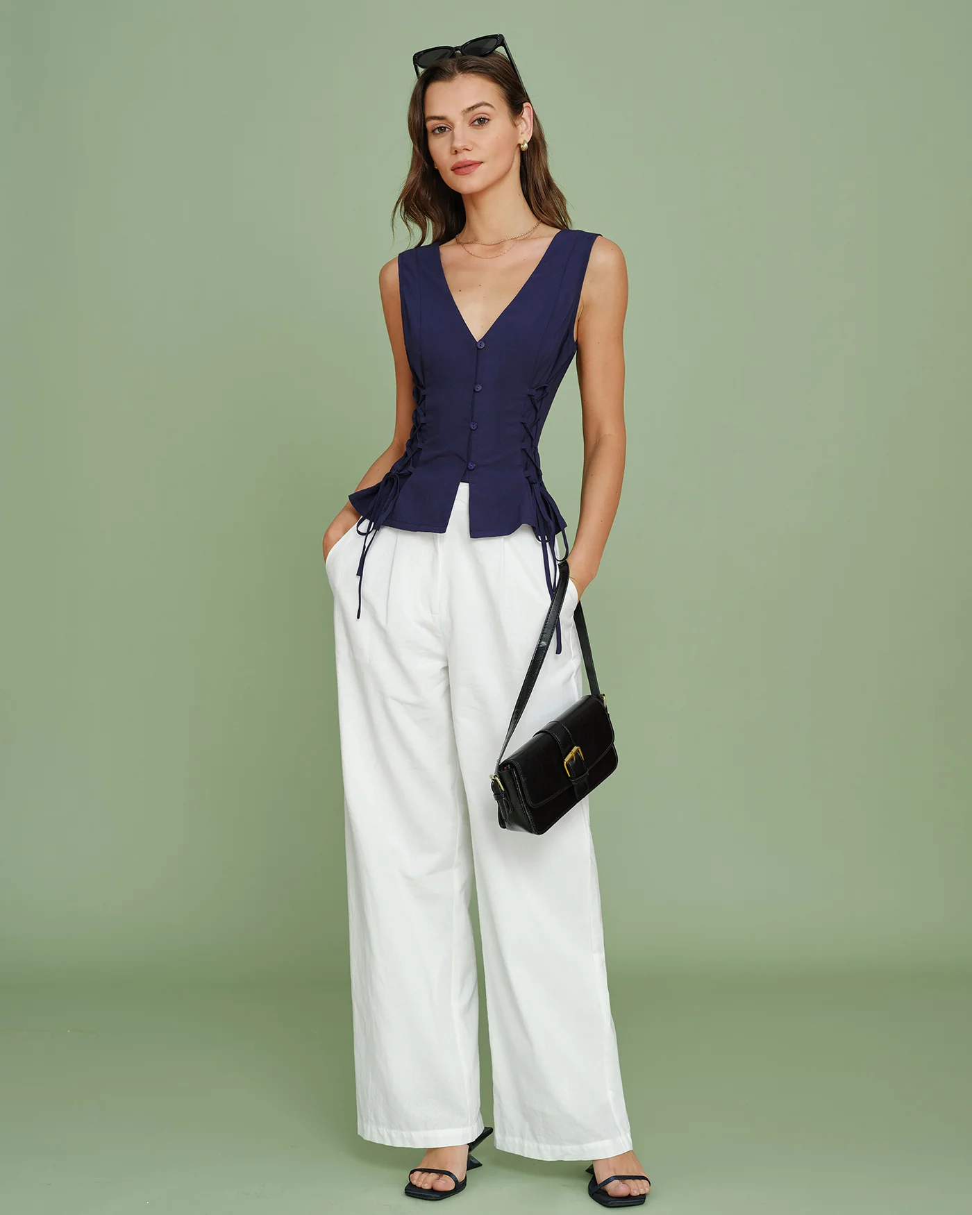 Navy V Neck Single Breasted Tie Vest - Image 9