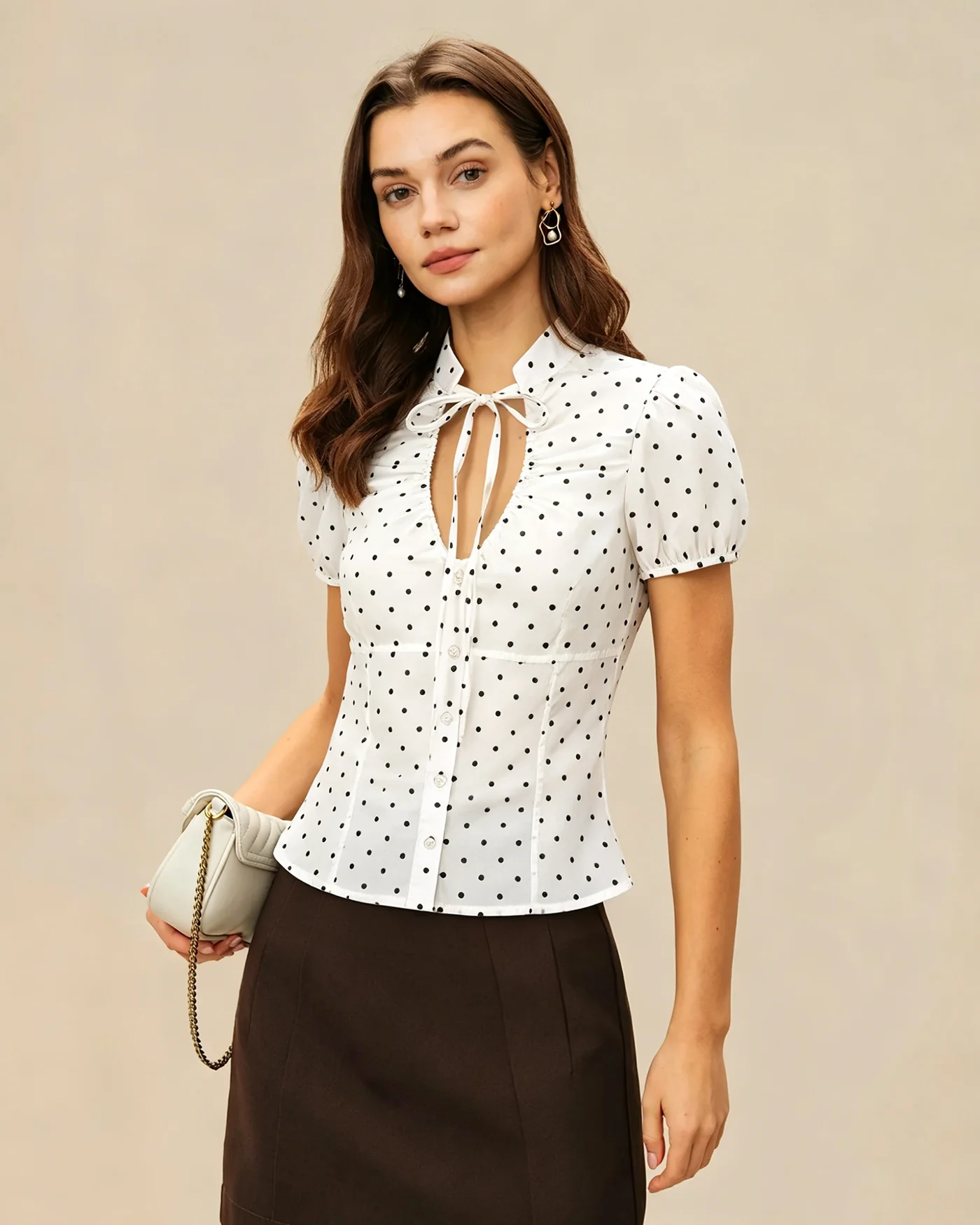 Off White Mandarin Collar Polka Dot Tee - Image 3