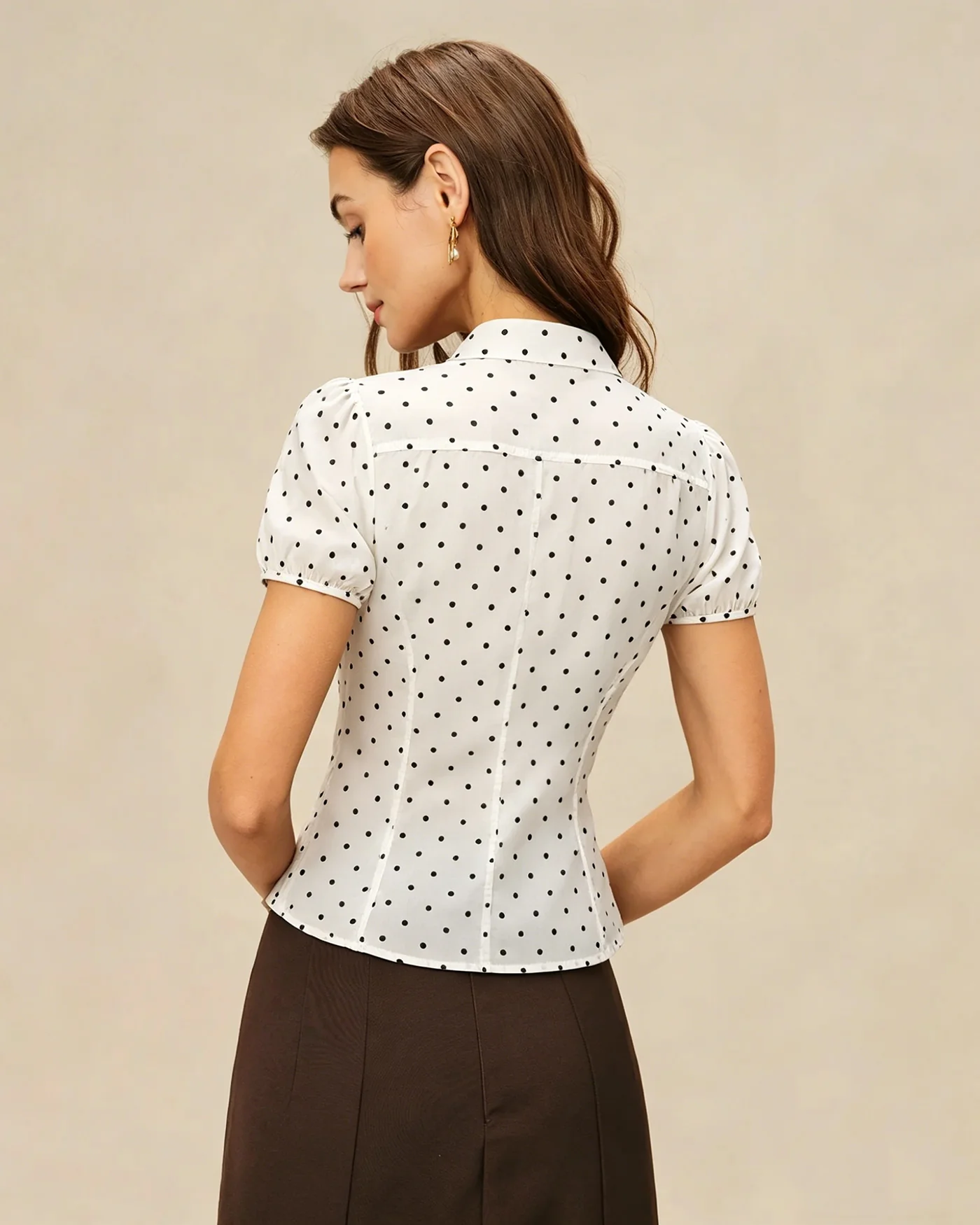 Off White Mandarin Collar Polka Dot Tee - Image 4