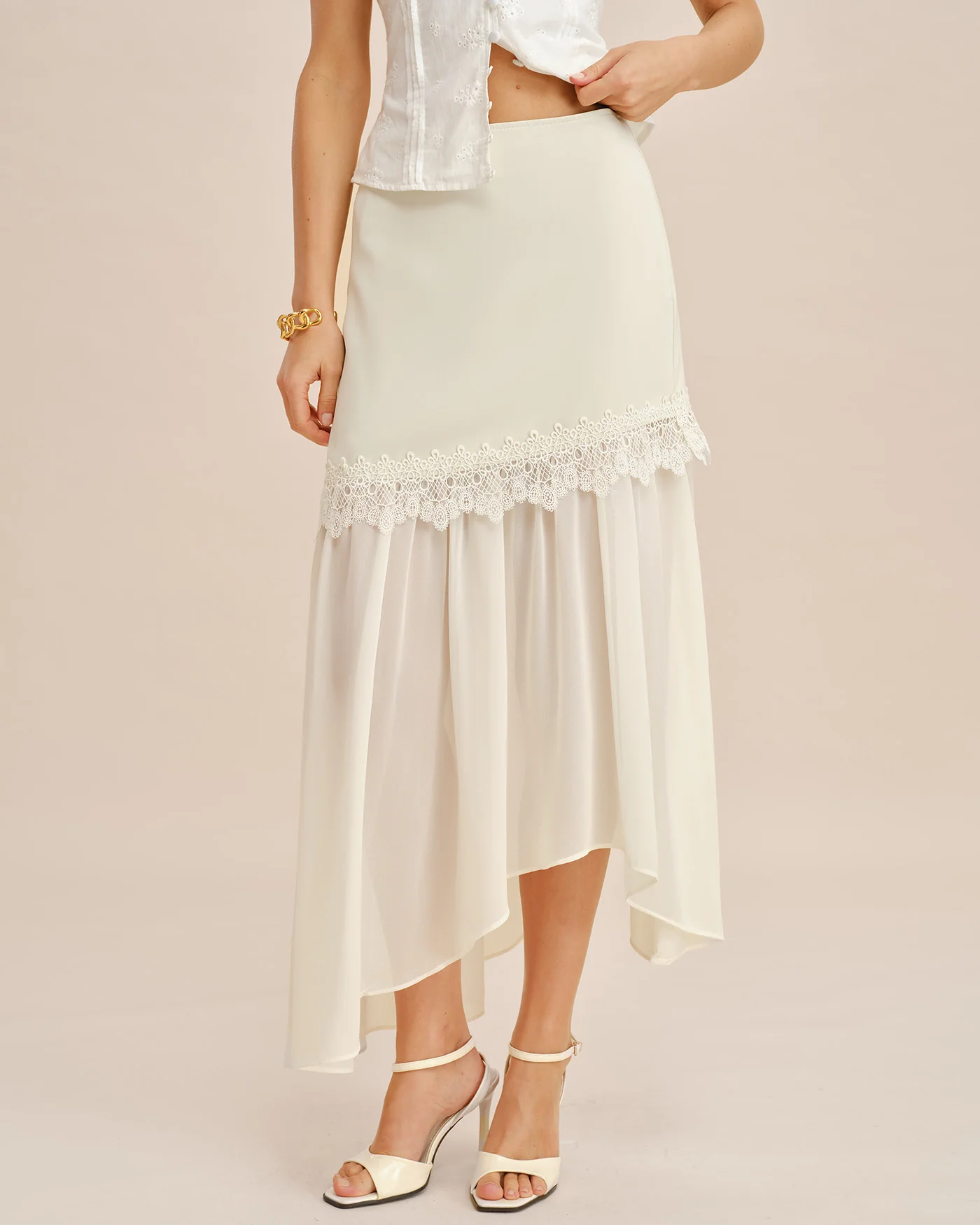 Off White Splicing Flowy Midi Skirt