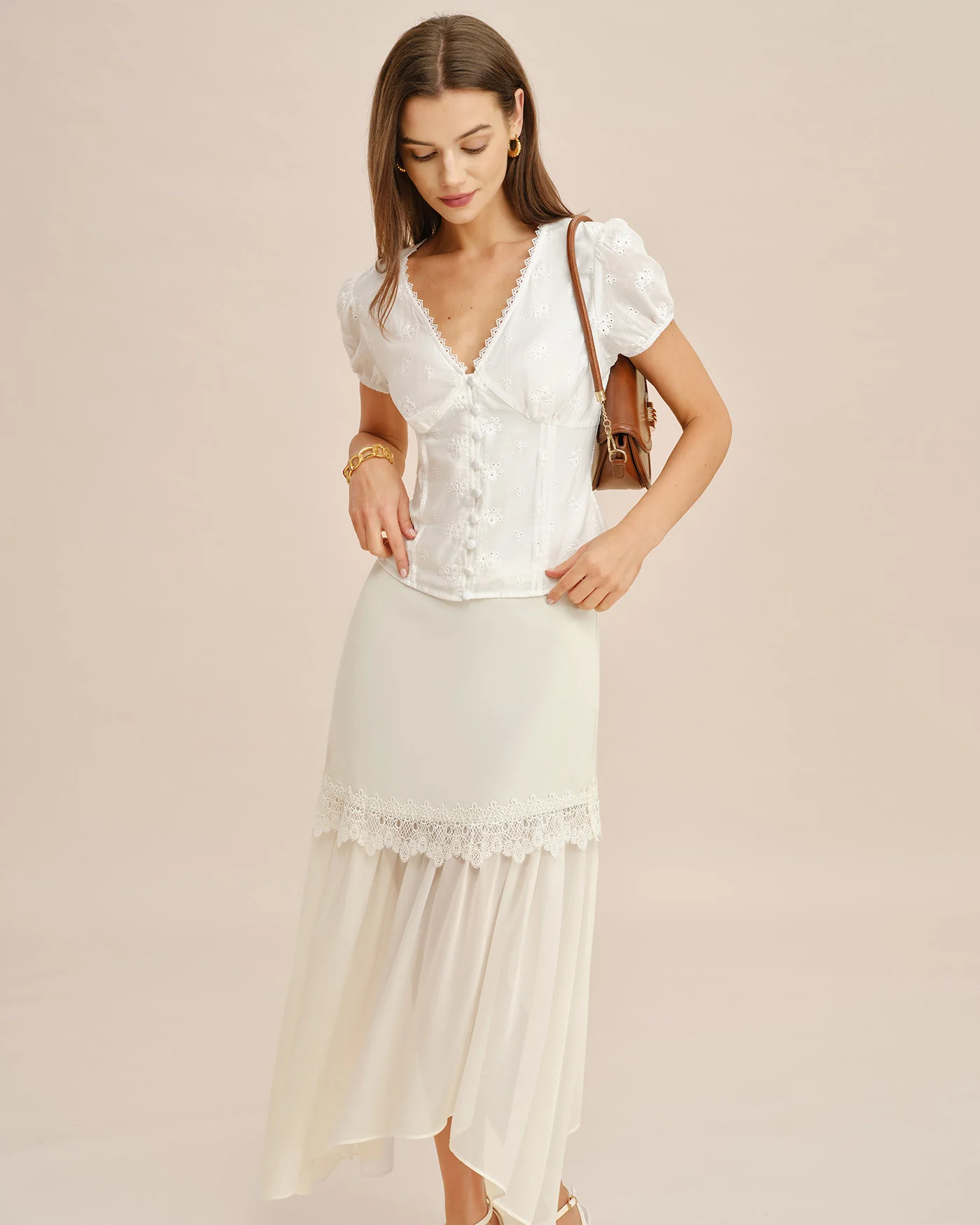 Off White Splicing Flowy Midi Skirt - Image 3