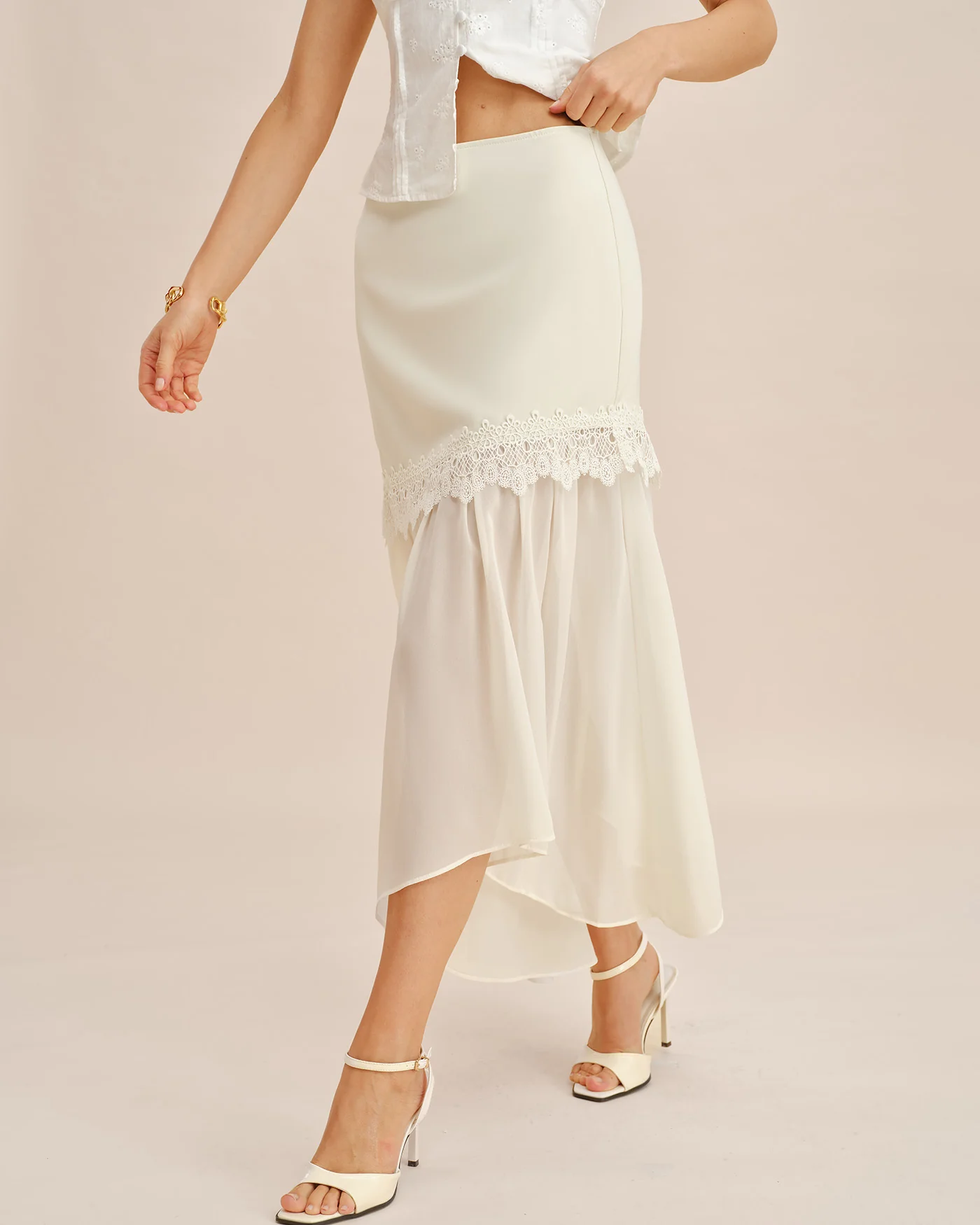 Off White Splicing Flowy Midi Skirt - Image 4