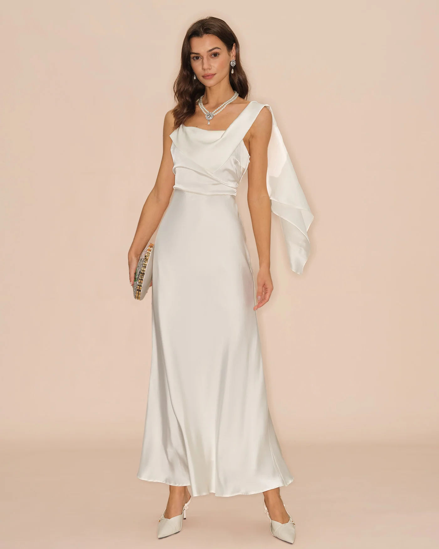 Off White Square Neck Satin Maxi Dress - Image 4