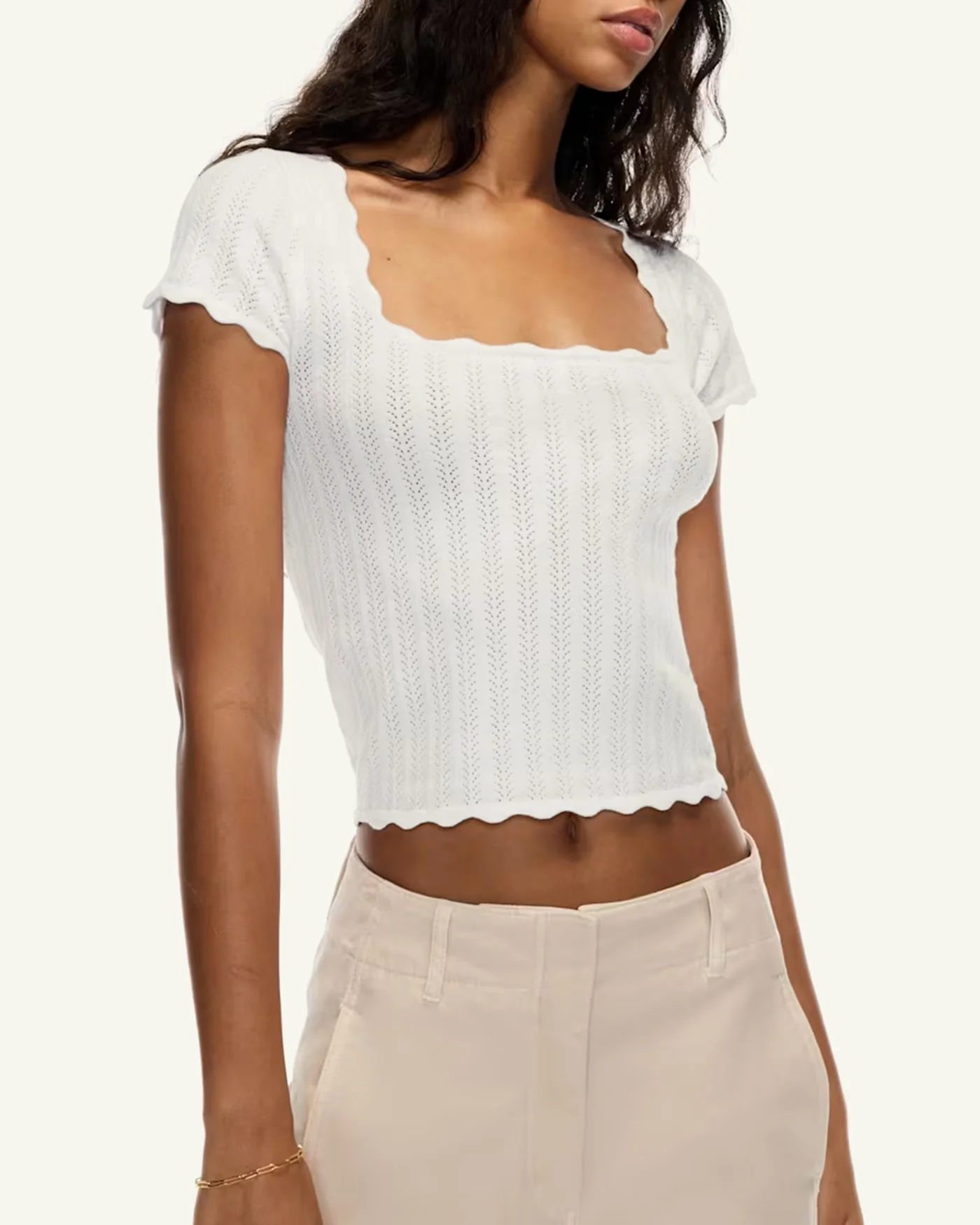 Off White Square Neck Textured Tee - Image 2