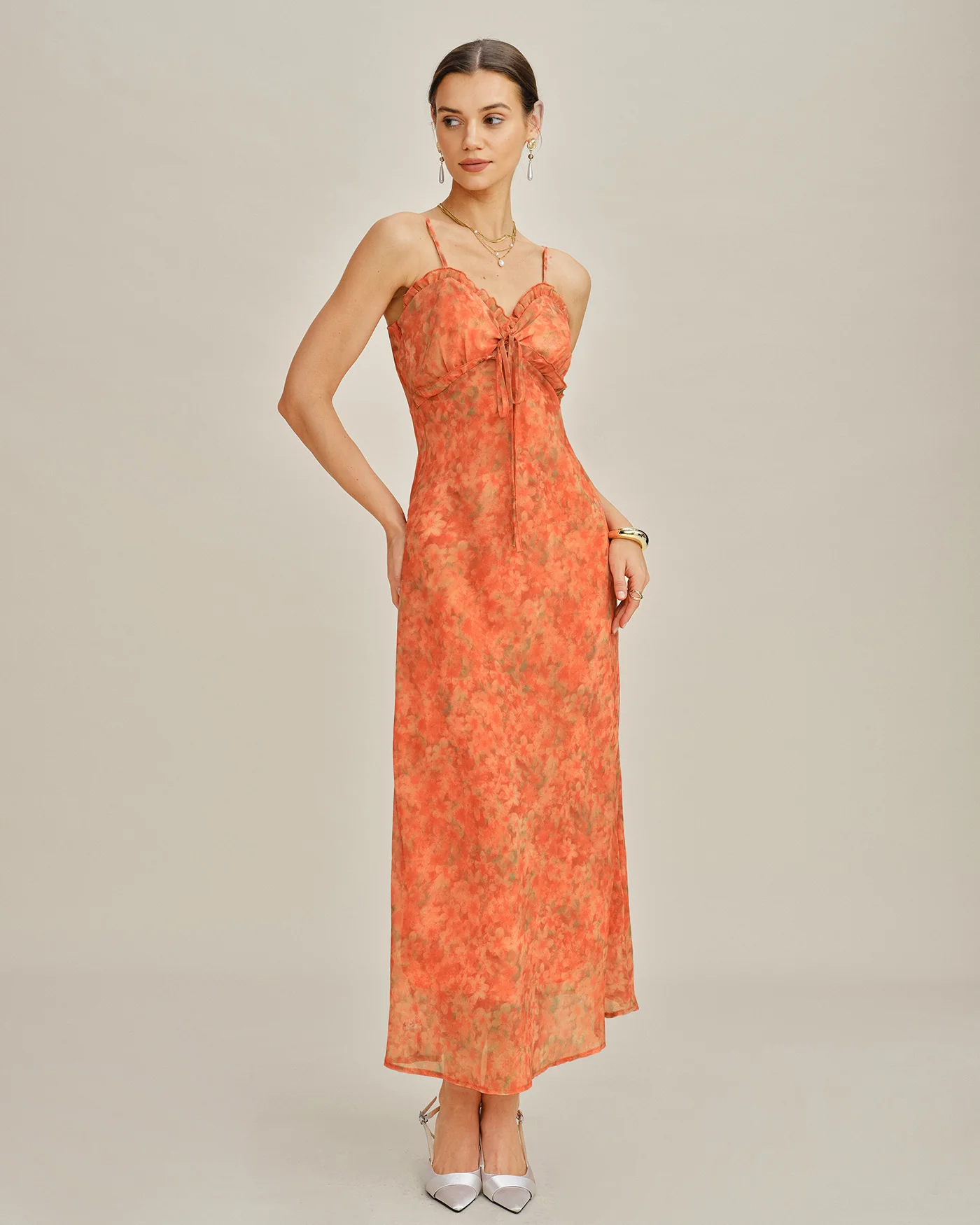 Orange Floral A-Line Slip Maxi Dress - Image 3