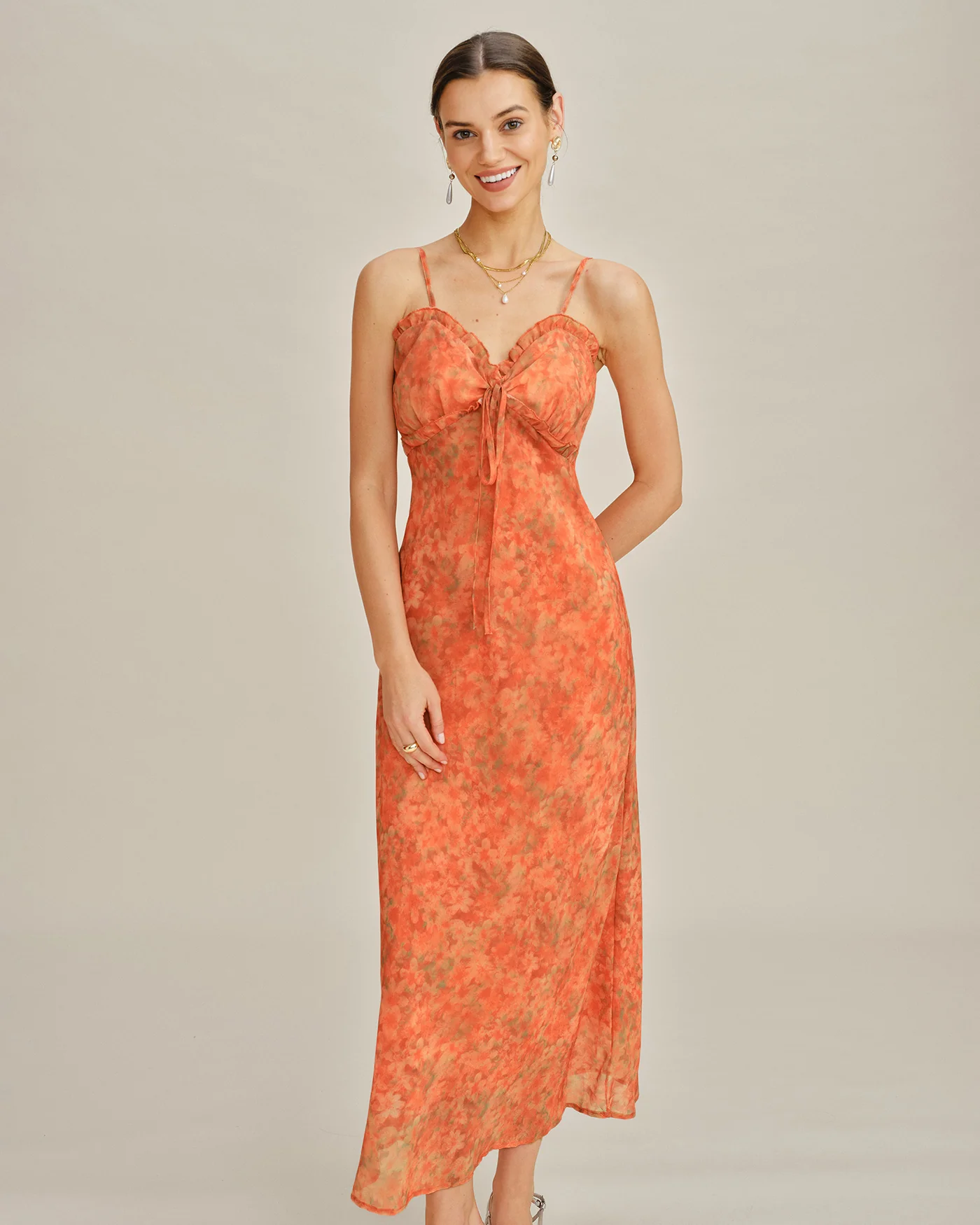 Orange Floral A-Line Slip Maxi Dress - Image 4