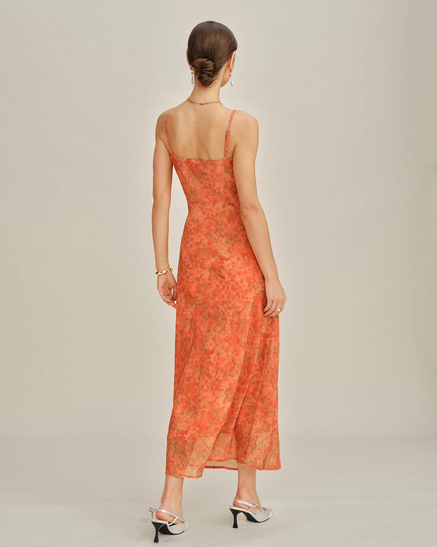 Orange Floral A-Line Slip Maxi Dress - Image 5