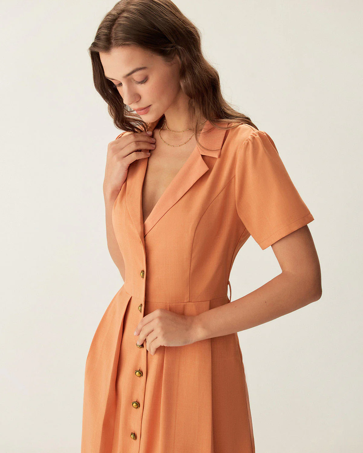 Orange V Neck Pleated Button Midi Dress - Image 2