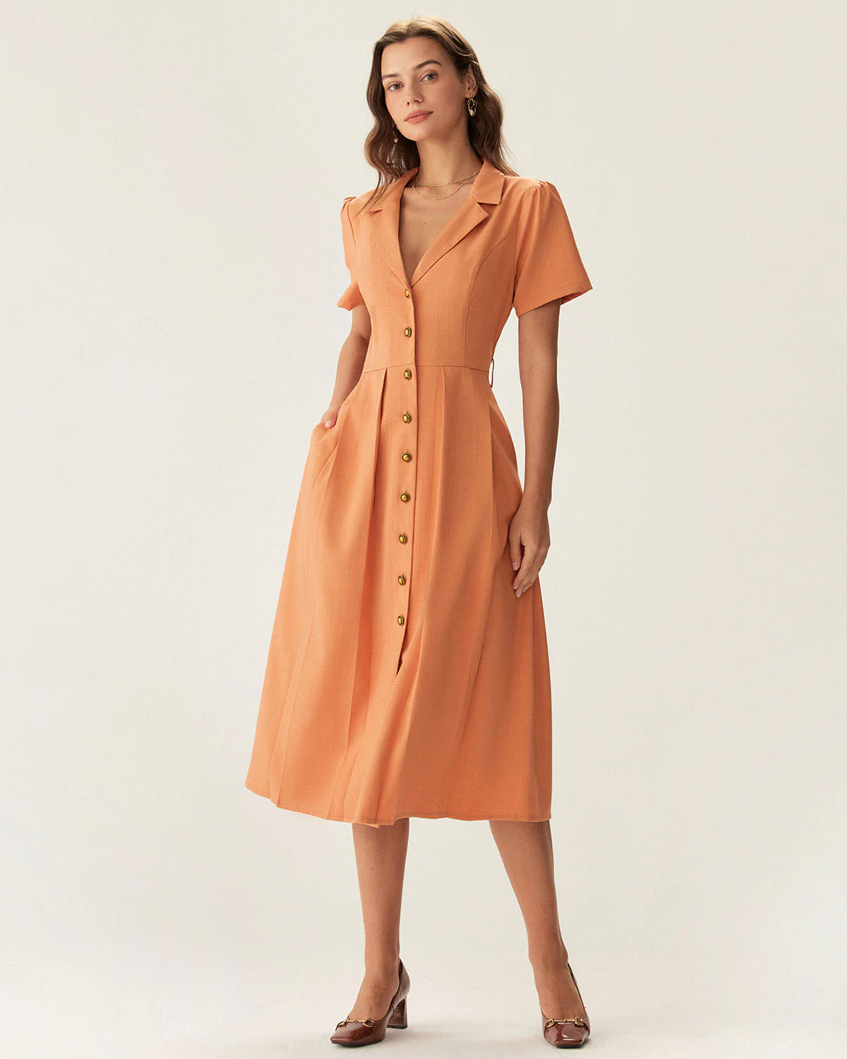 Orange V Neck Pleated Button Midi Dress - Image 3