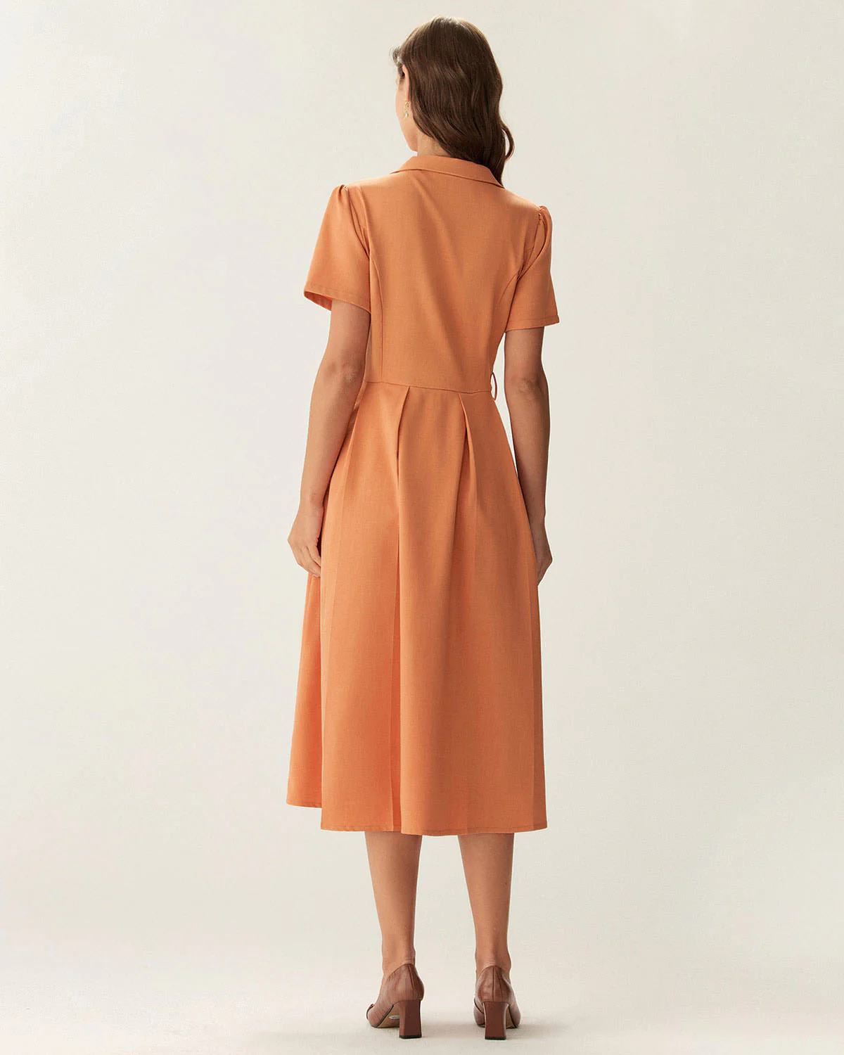 Orange V Neck Pleated Button Midi Dress - Image 4