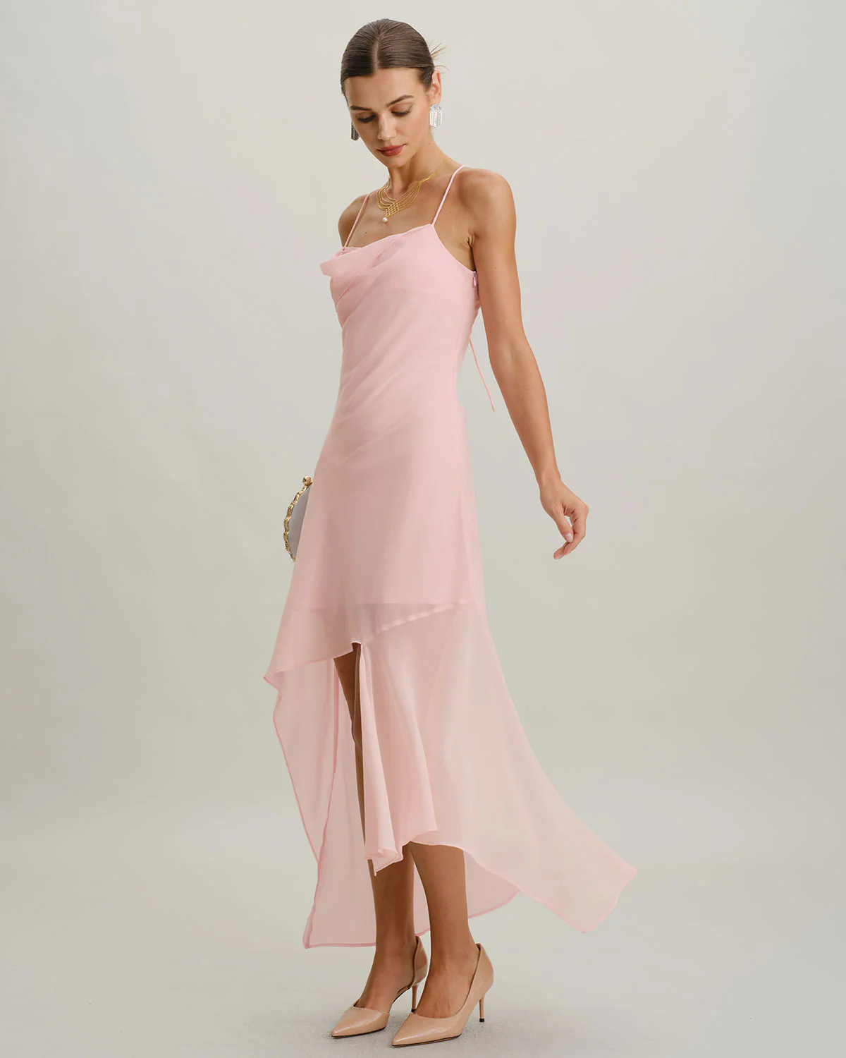Pink Chiffon A-Line Slip Midi Dress - Image 5