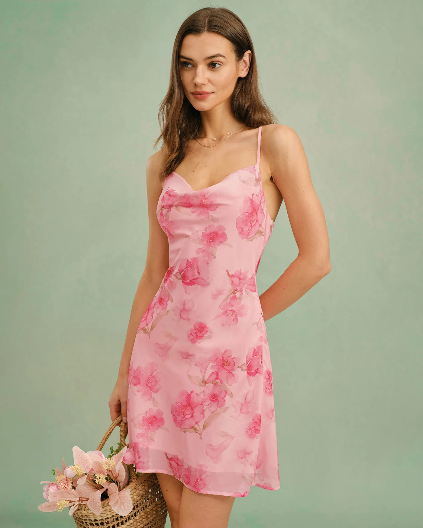 Pink Cowl Neck Floral Slip Mini Dress - Image 3