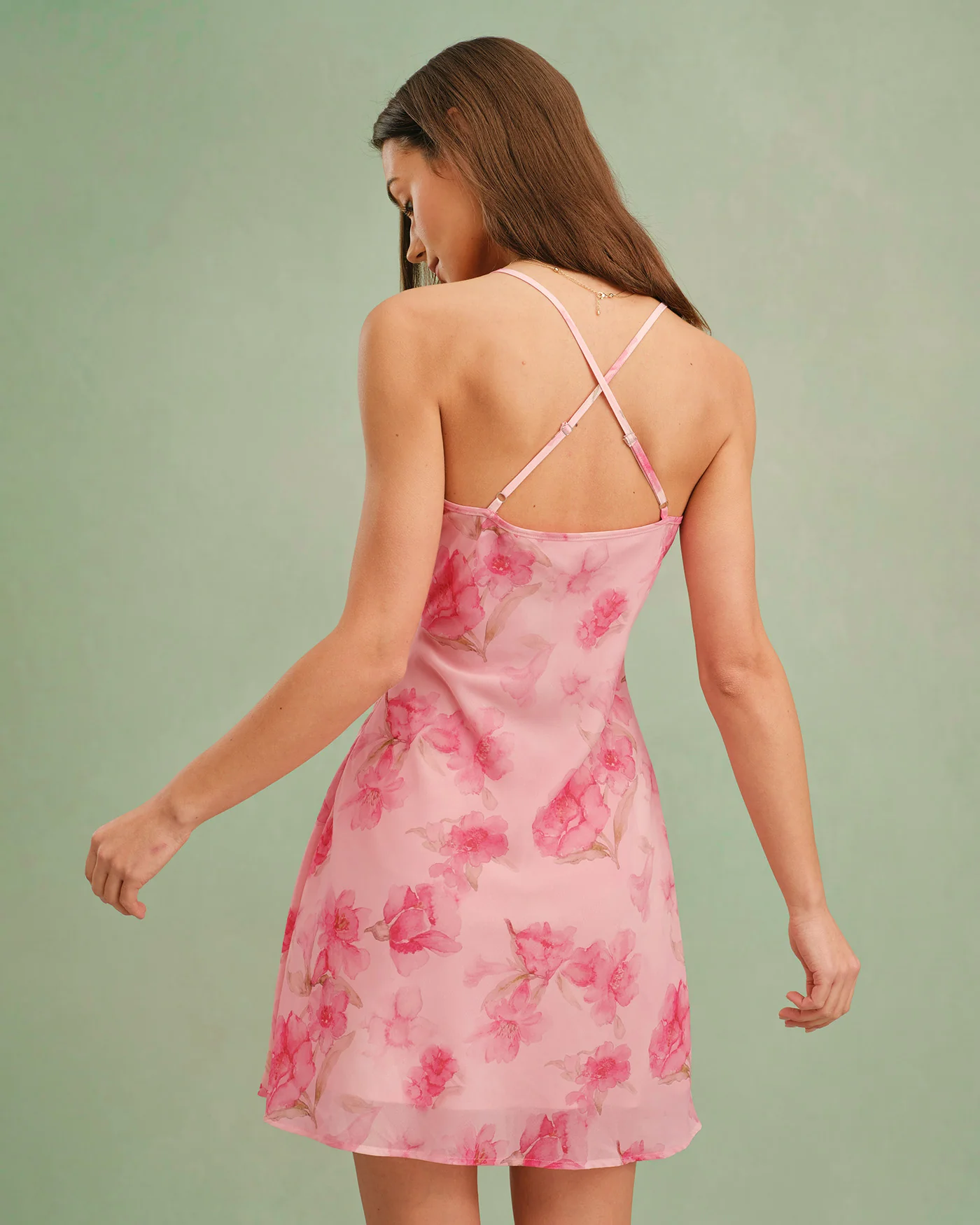 Pink Cowl Neck Floral Slip Mini Dress - Image 4