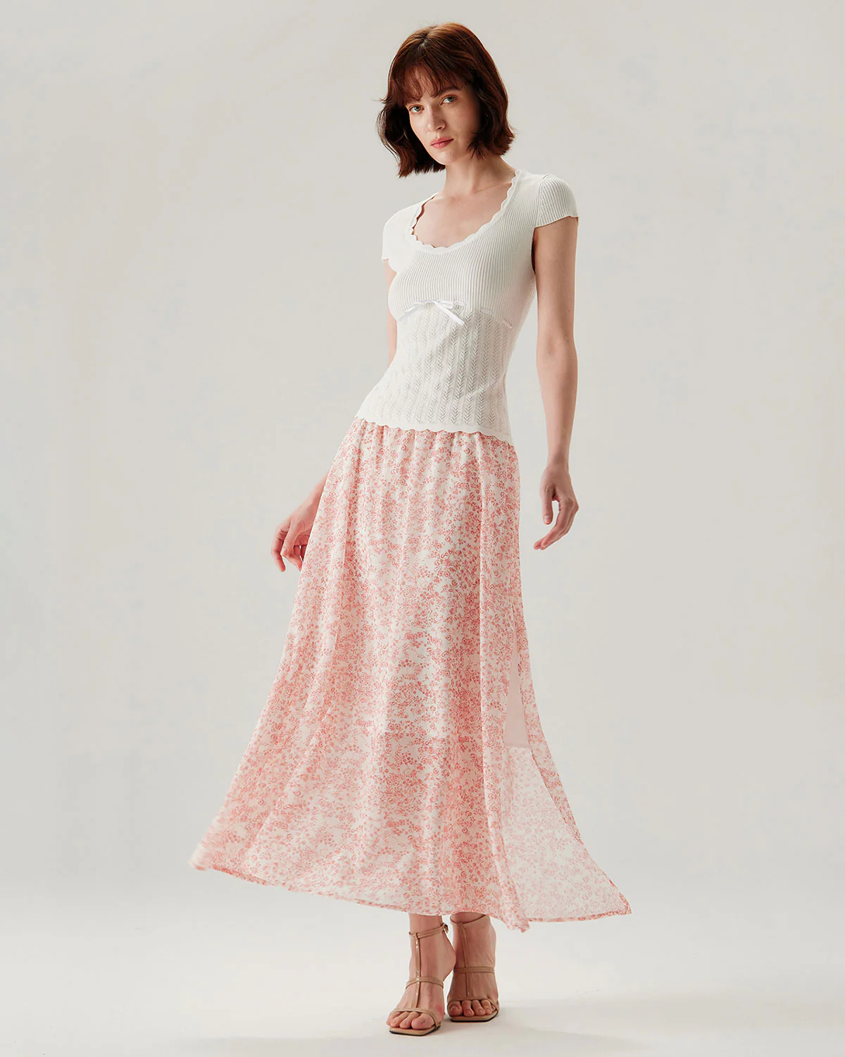 Pink Floral Elastic Waist Flared Skirt - Image 2