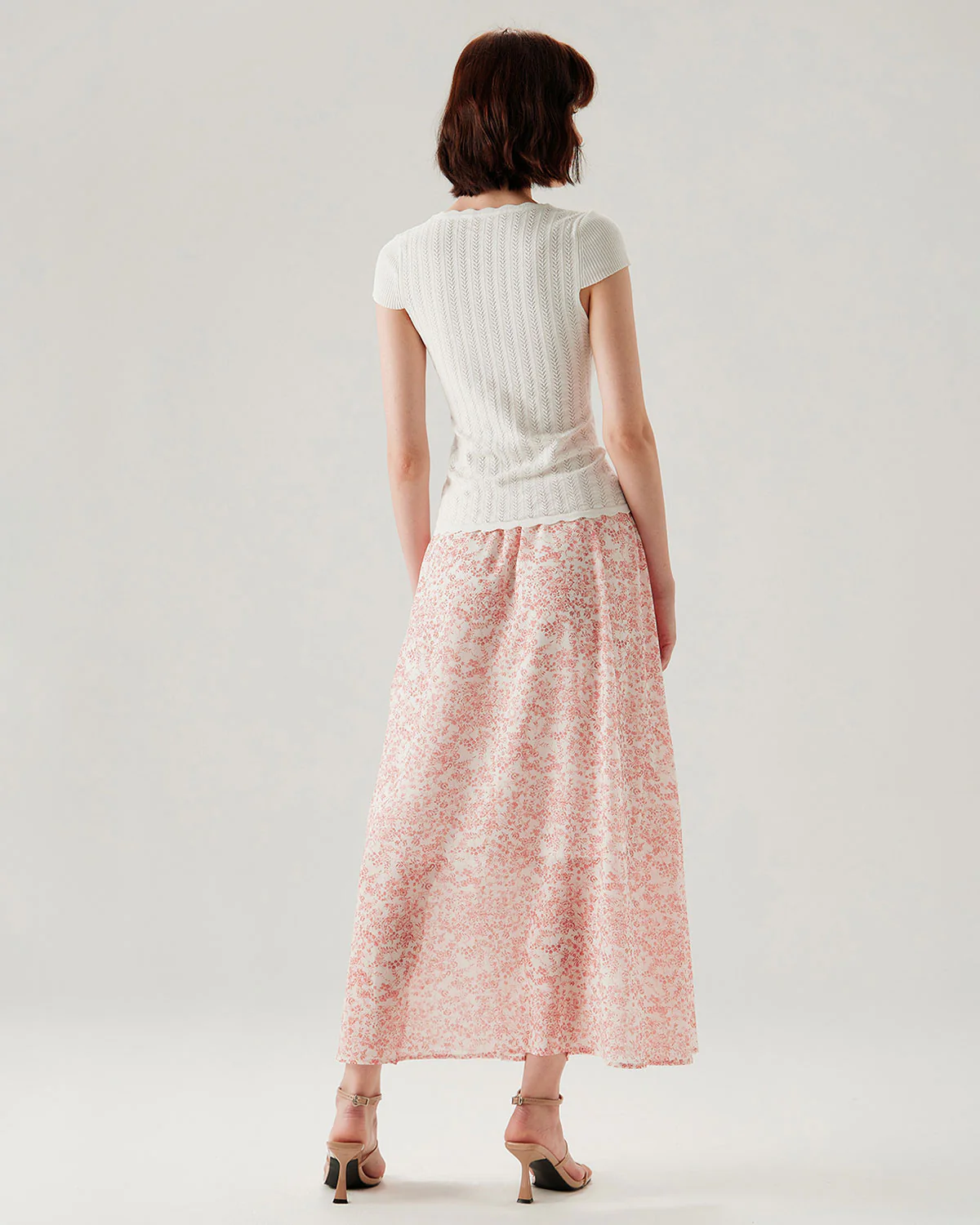 Pink Floral Elastic Waist Flared Skirt - Image 3