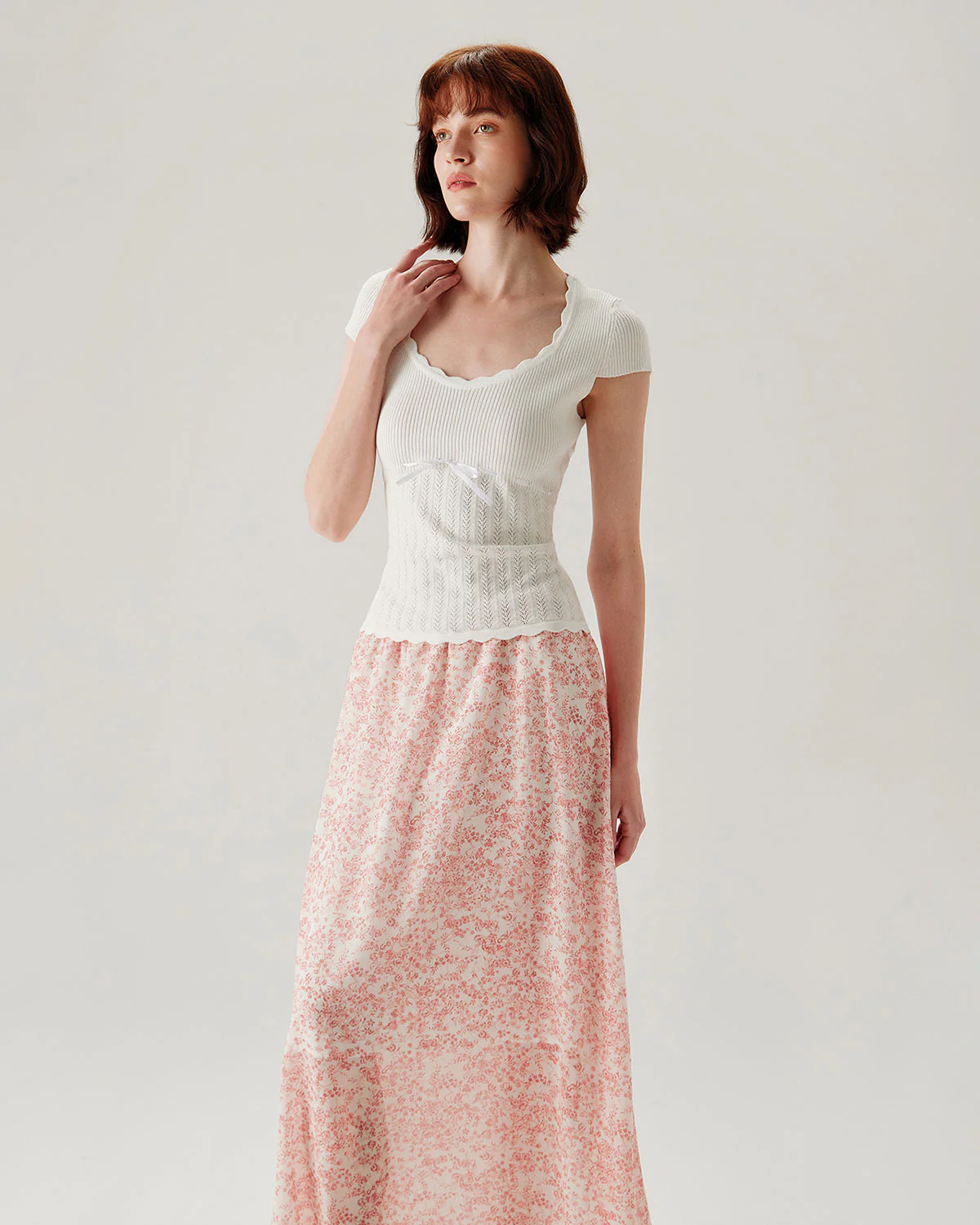 Pink Floral Elastic Waist Flared Skirt - Image 4