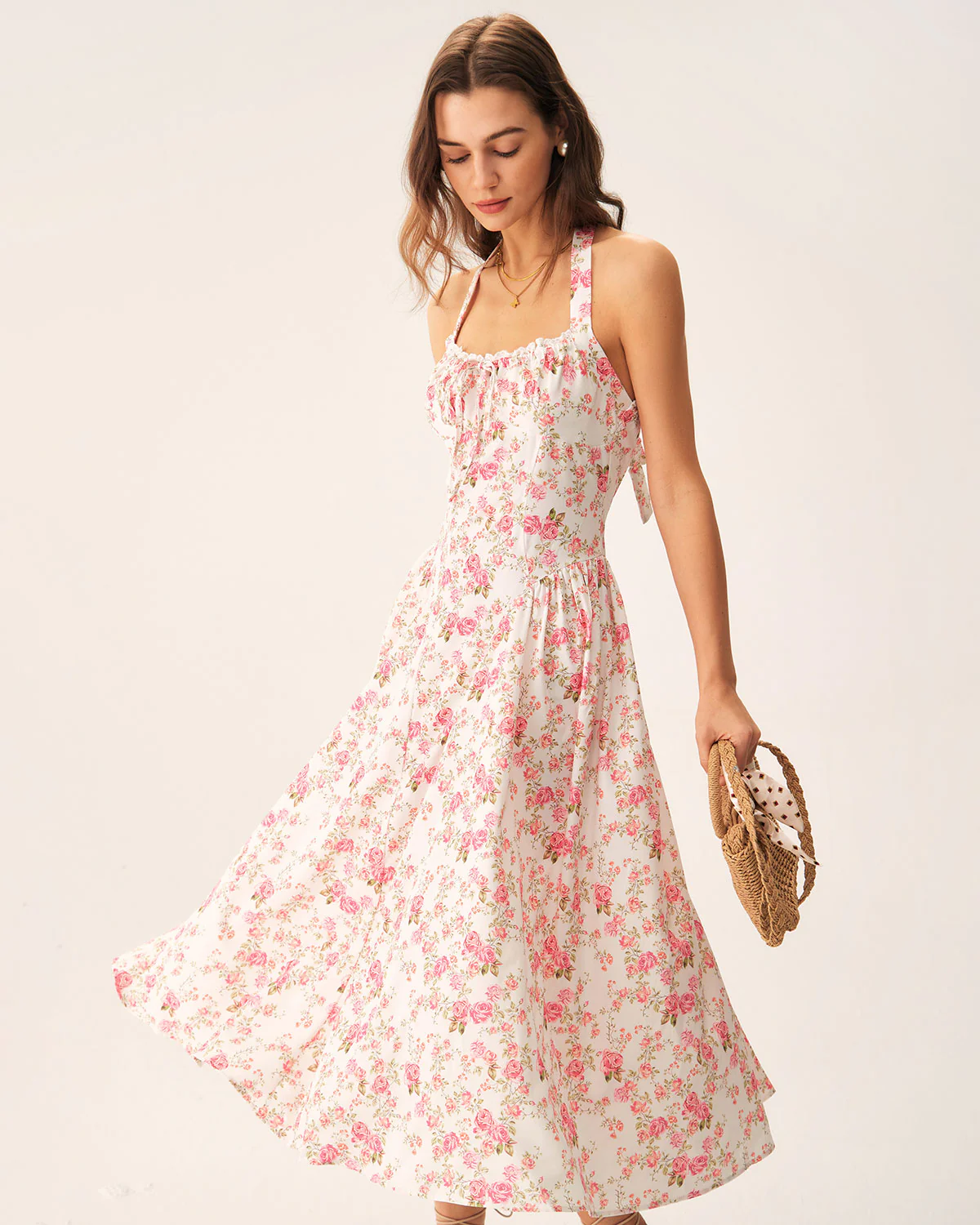 Pink Floral Halter Midi Dress - Image 3