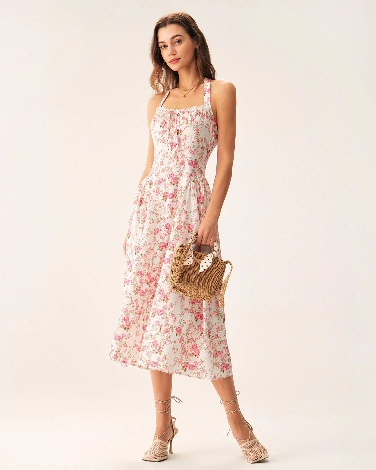Pink Floral Halter Midi Dress - Image 4