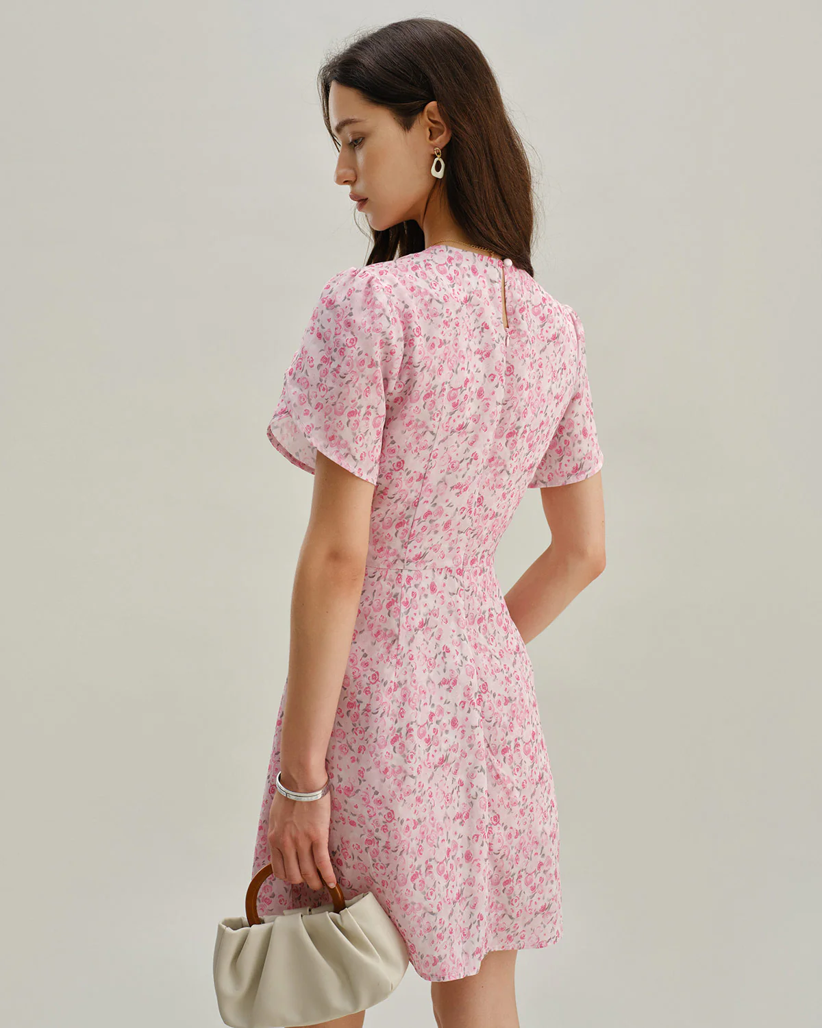 Pink Floral Round Neck Pleated Mini Dress - Image 3