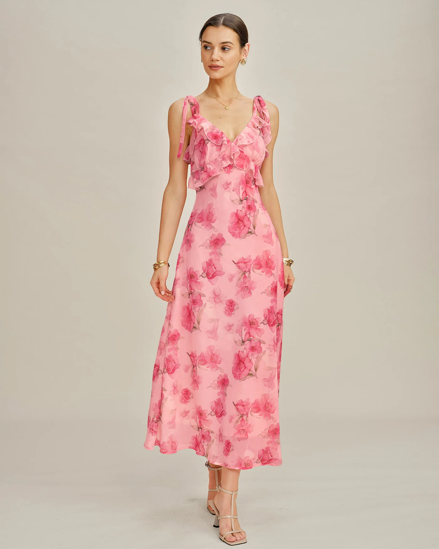 Pink Floral Ruffle Slip Chiffon Maxi Dress - Image 4