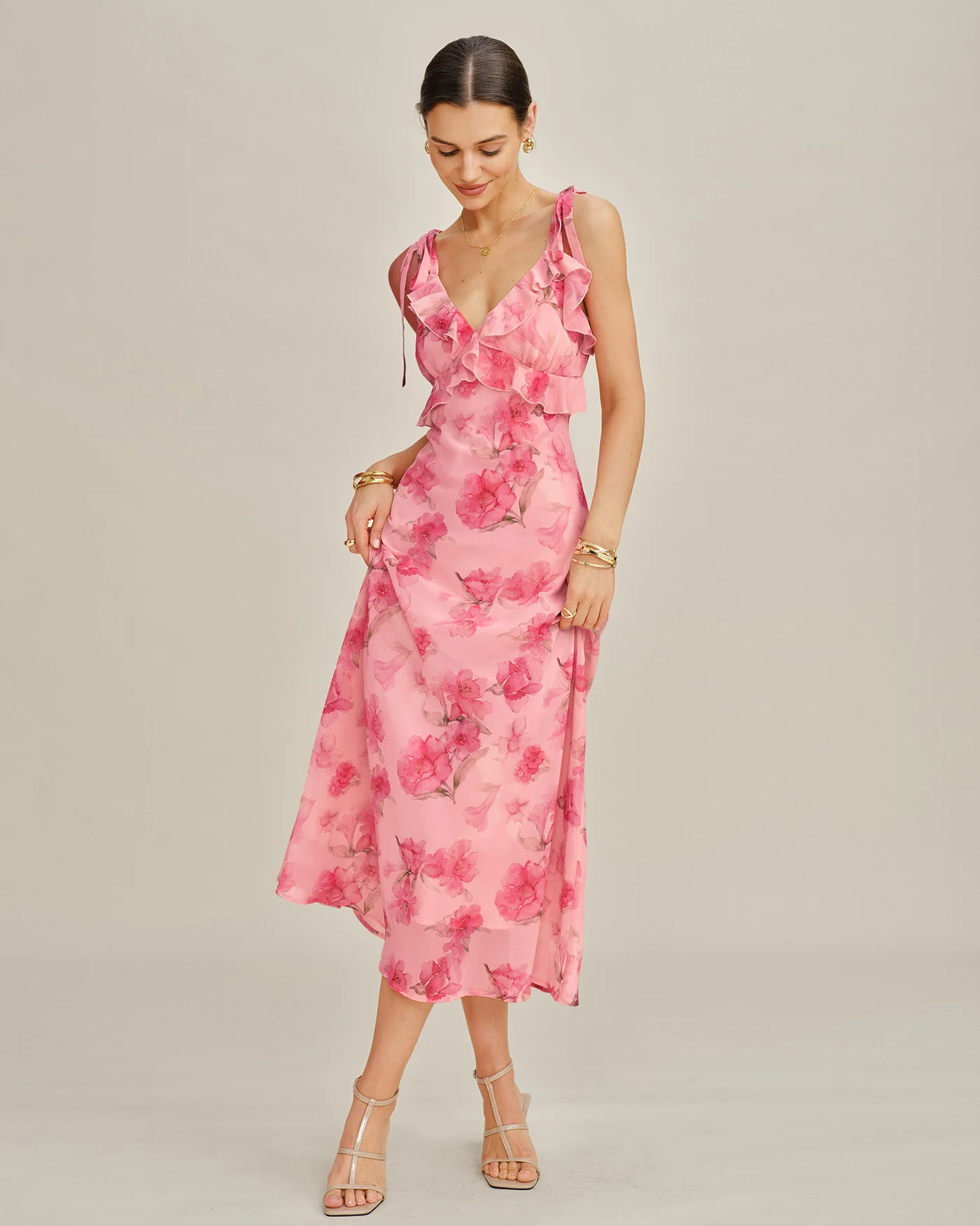 Pink Floral Ruffle Slip Chiffon Maxi Dress - Image 5