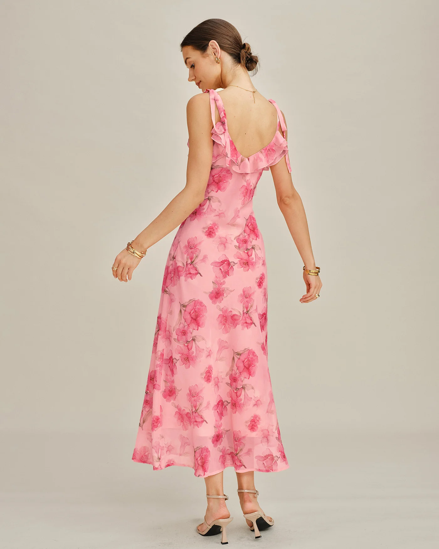 Pink Floral Ruffle Slip Chiffon Maxi Dress - Image 6