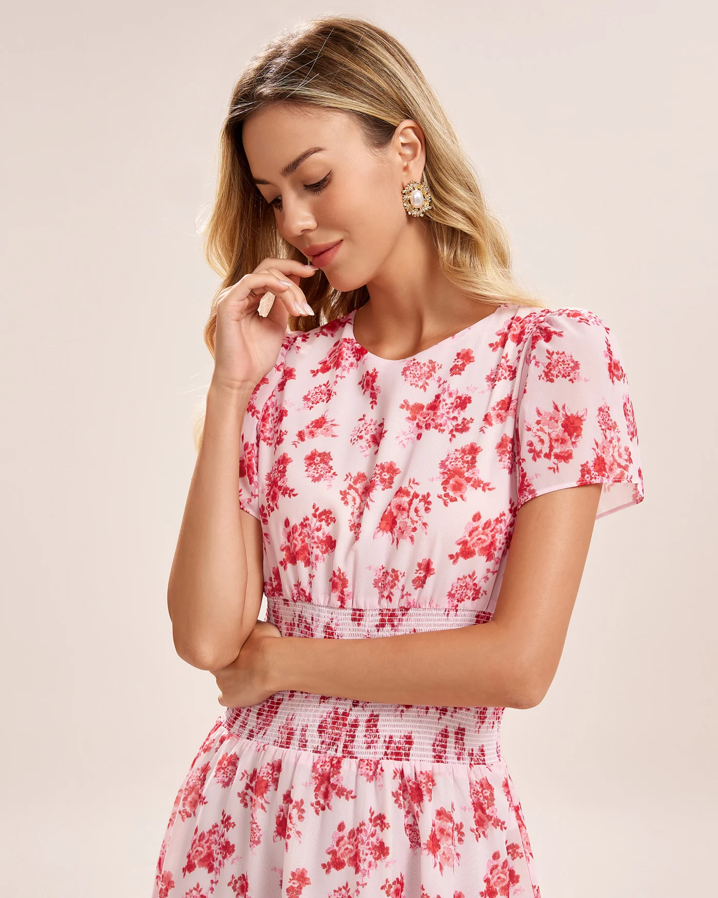 Pink Floral Shirred Mini Dress - Image 2