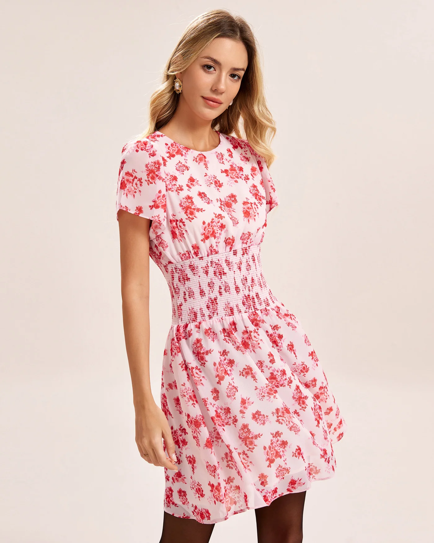 Pink Floral Shirred Mini Dress - Image 3