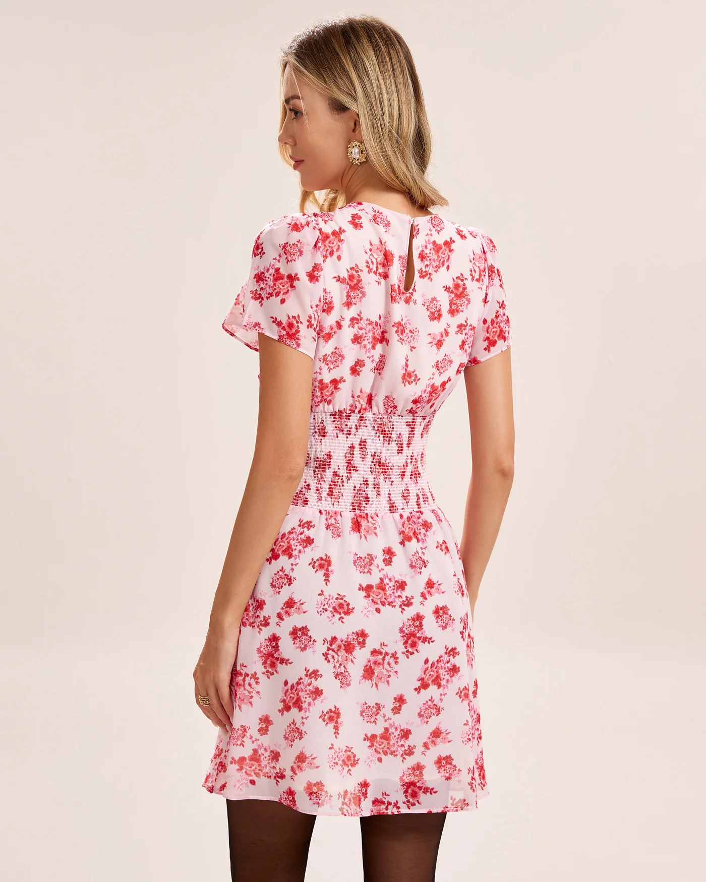 Pink Floral Shirred Mini Dress - Image 4