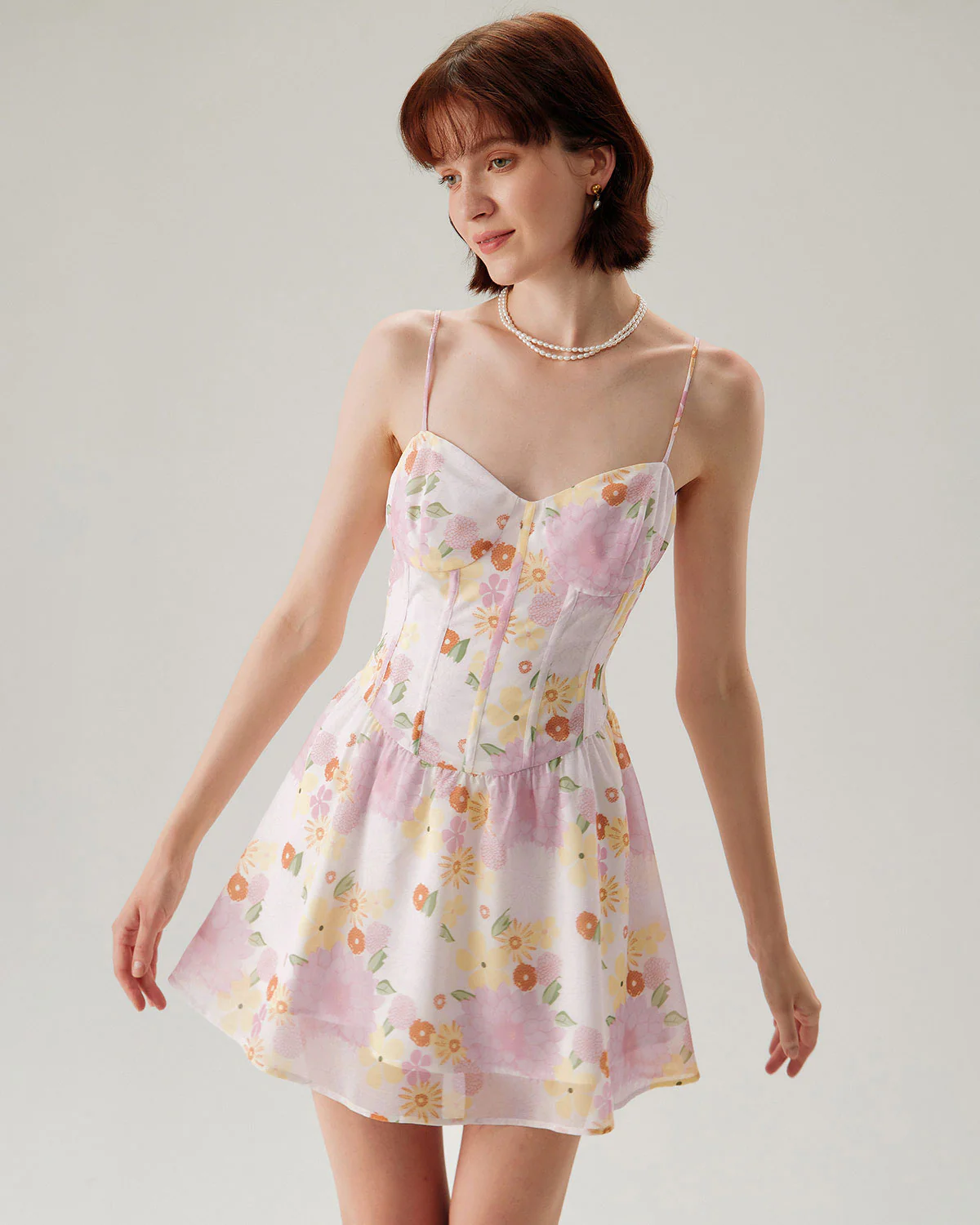 Pink Floral Sweetheart Neck Slip Mini Dress - Image 9