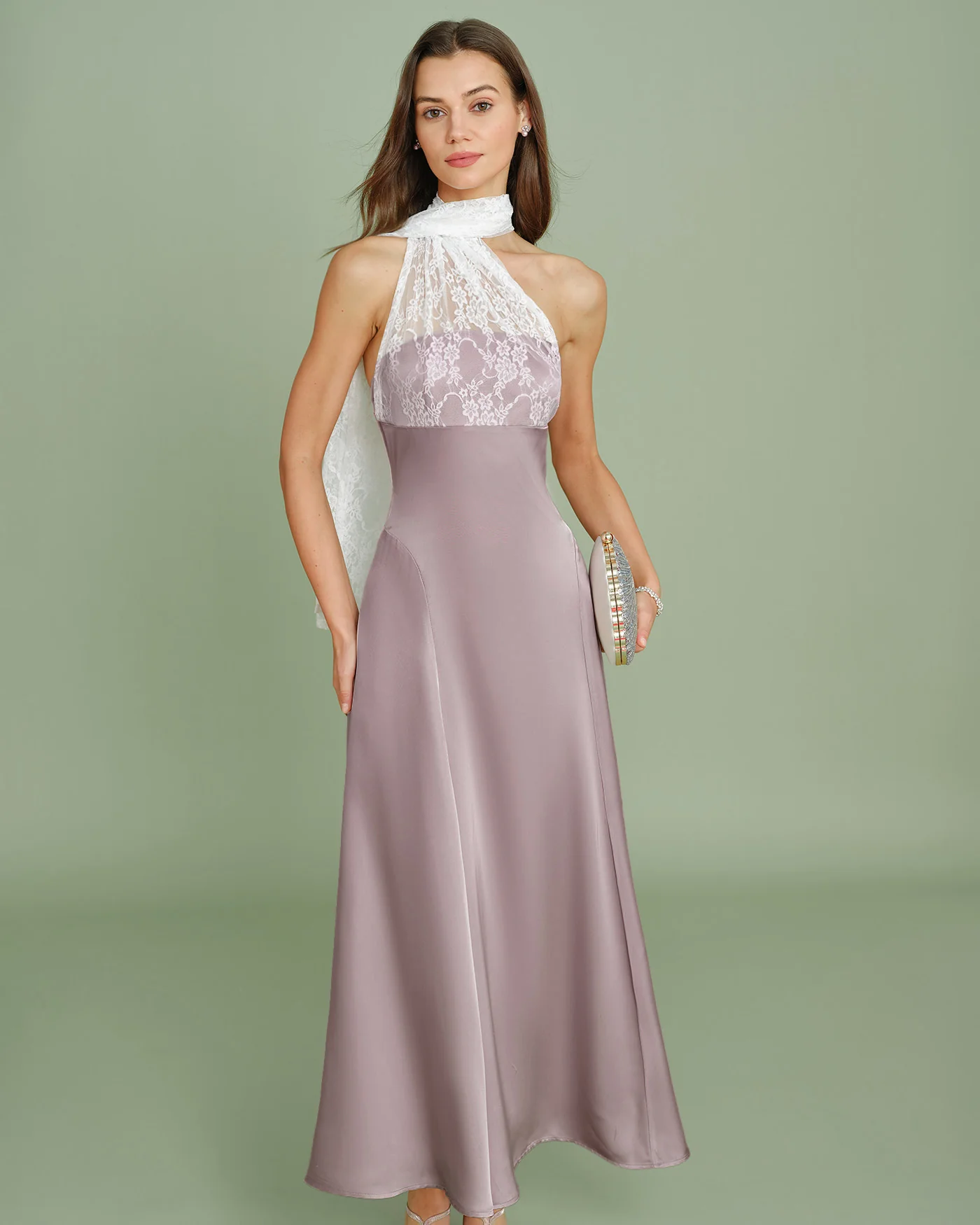 Pink One Shoulder Lace Splicing Maxi Dress - Image 3