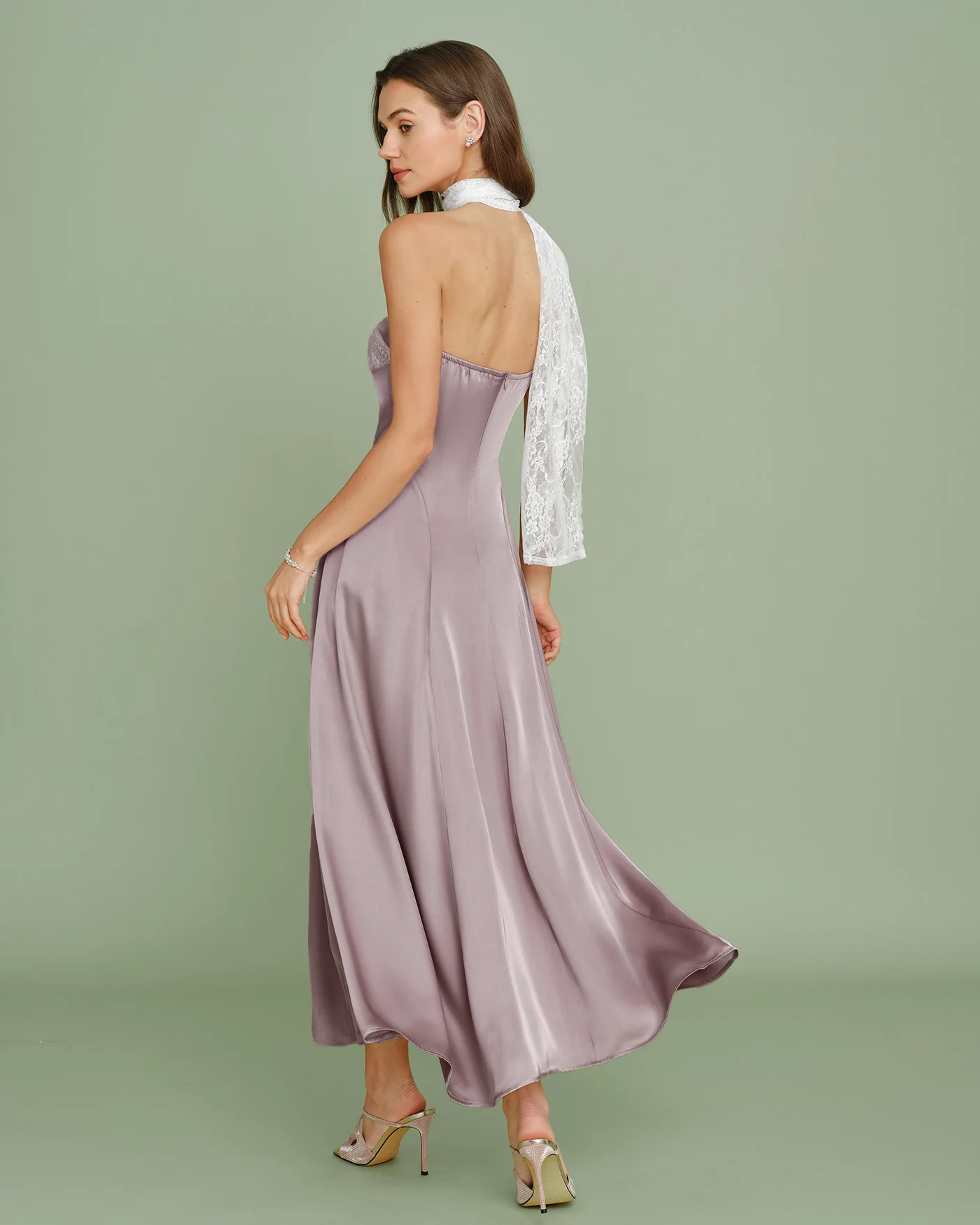 Pink One Shoulder Lace Splicing Maxi Dress - Image 4
