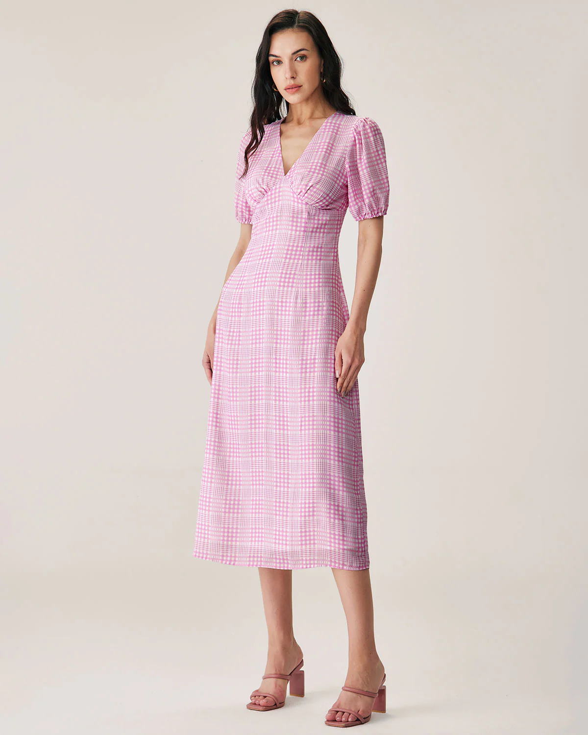 Pink Plaid V-Neck Midi Dress - Image 2