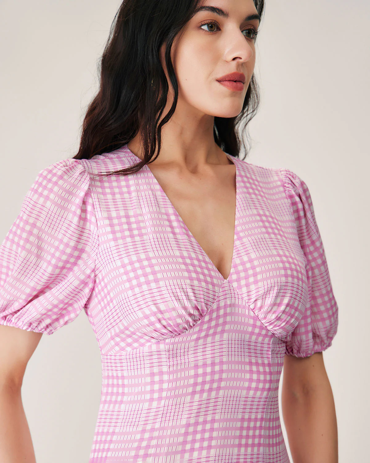 Pink Plaid V-Neck Midi Dress - Image 3
