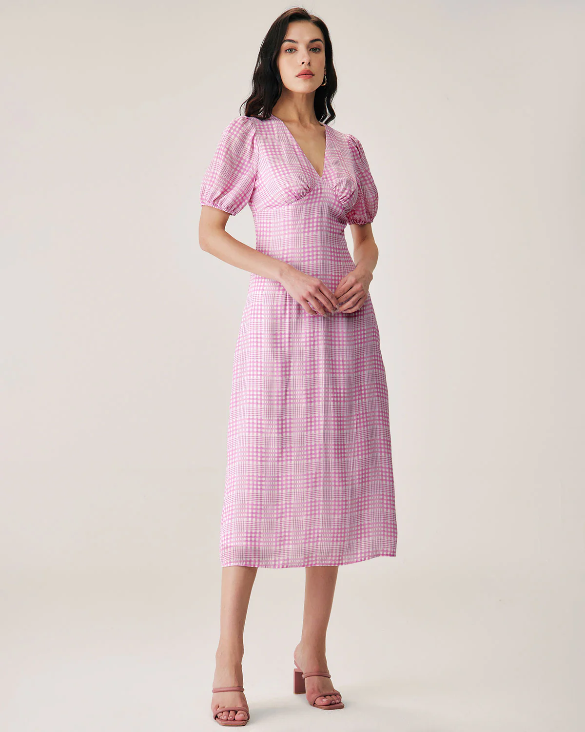 Pink Plaid V-Neck Midi Dress - Image 4